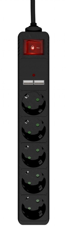 EnerGenie - Extension Cord with USB Charger, 5 outlets, 1.5 m, Black - SPG5-U2-5-02