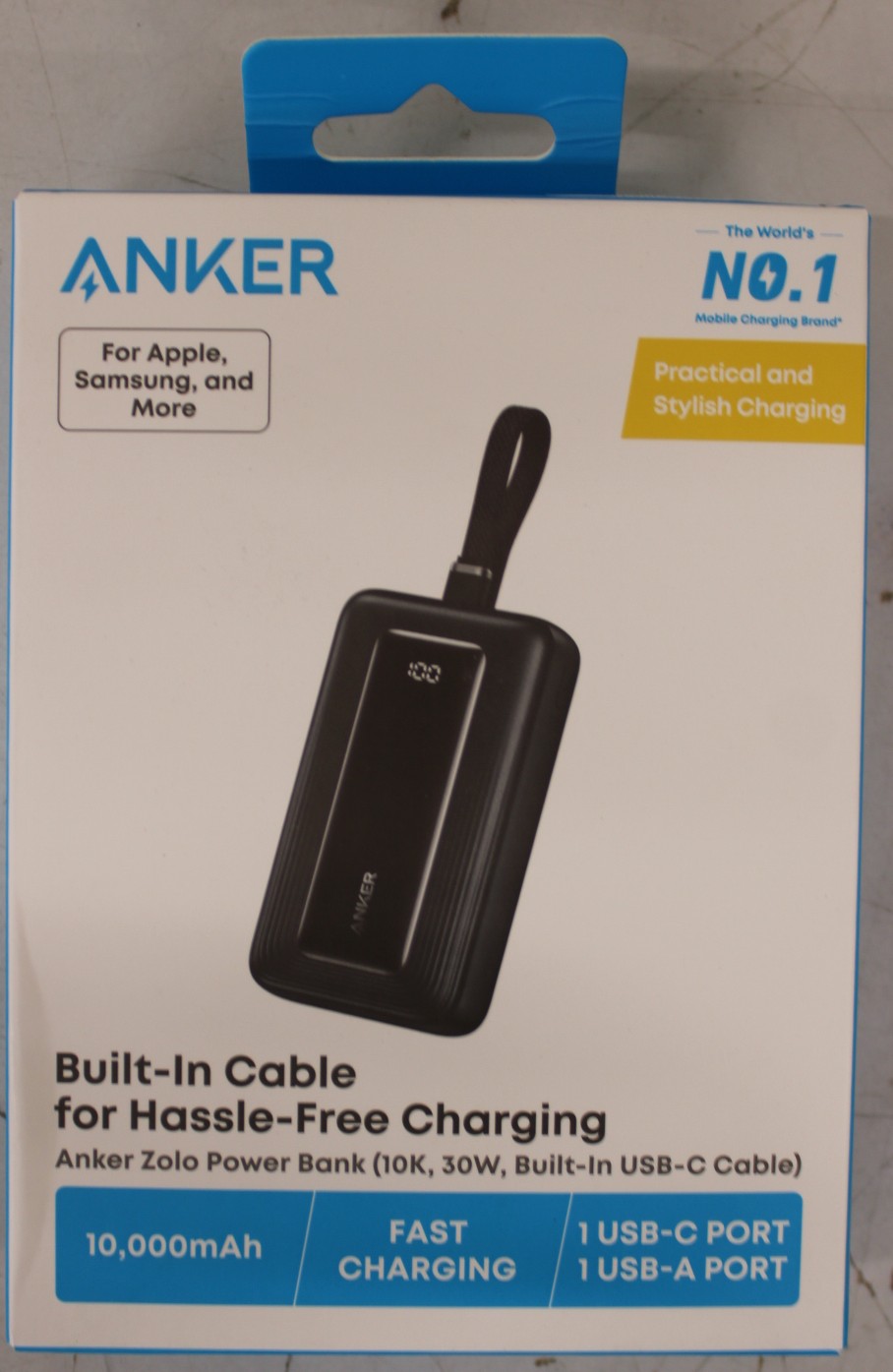 SALE OUT. Power Bank with Built-In USB-C Cable - A1688H11 - 10000 mAh - Black - DAMAGED PACKAGING