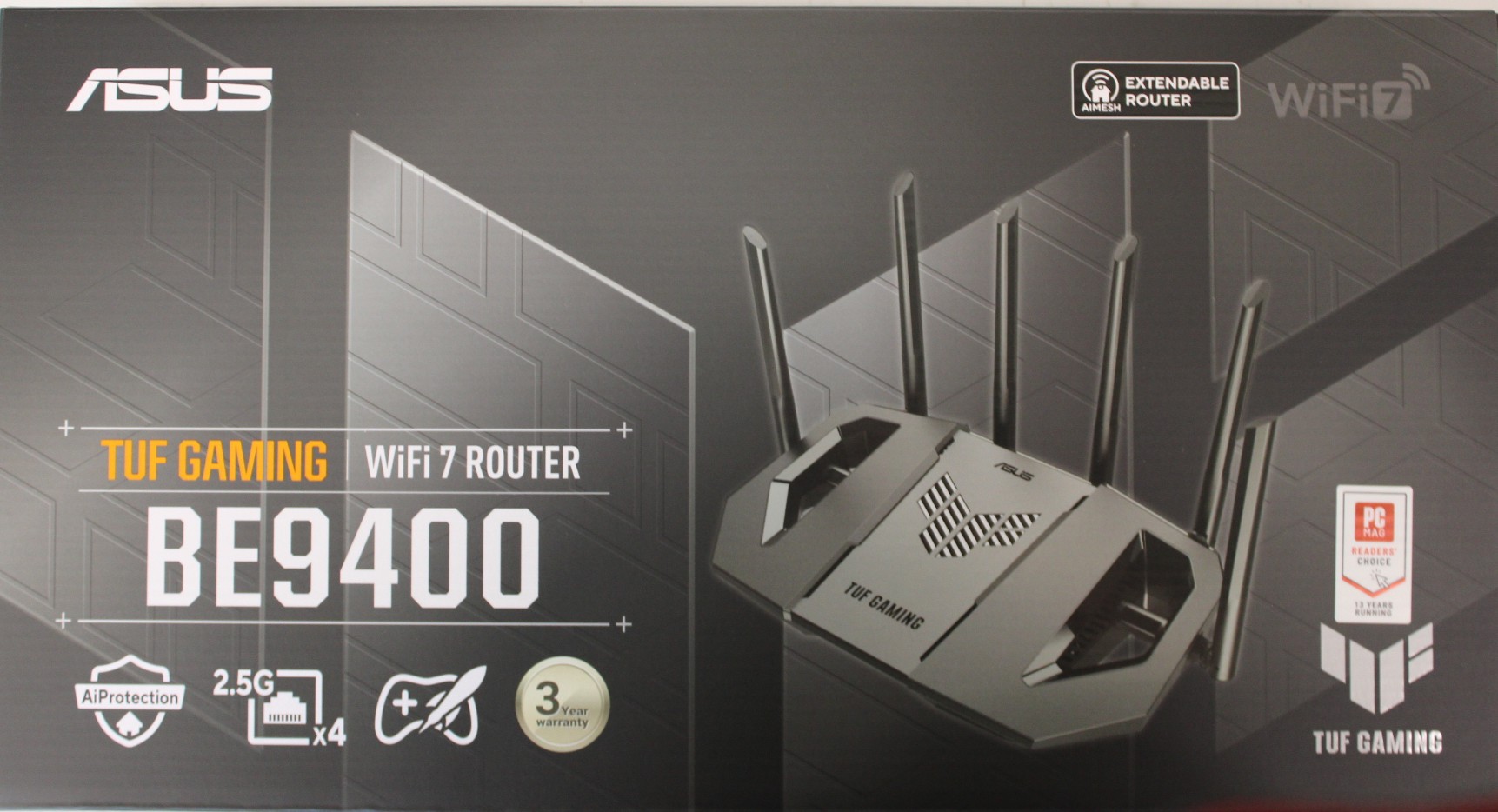 SALE OUT. Asus TUF-BE9400 Tri-Band WiFi 7 Gaming Router, EU+UK - SALE OUT. TUF-BE9400 Tri-Band WiFi 7 Gaming Router, EU+UK - 802.11ax - 688/2885/5764 Mbit/s - Ethernet LAN (RJ-45) ports 3 - Mesh Support Yes - MU-MiMO Yes - 4G/5G - 36 month(s) - DAMAGED PA