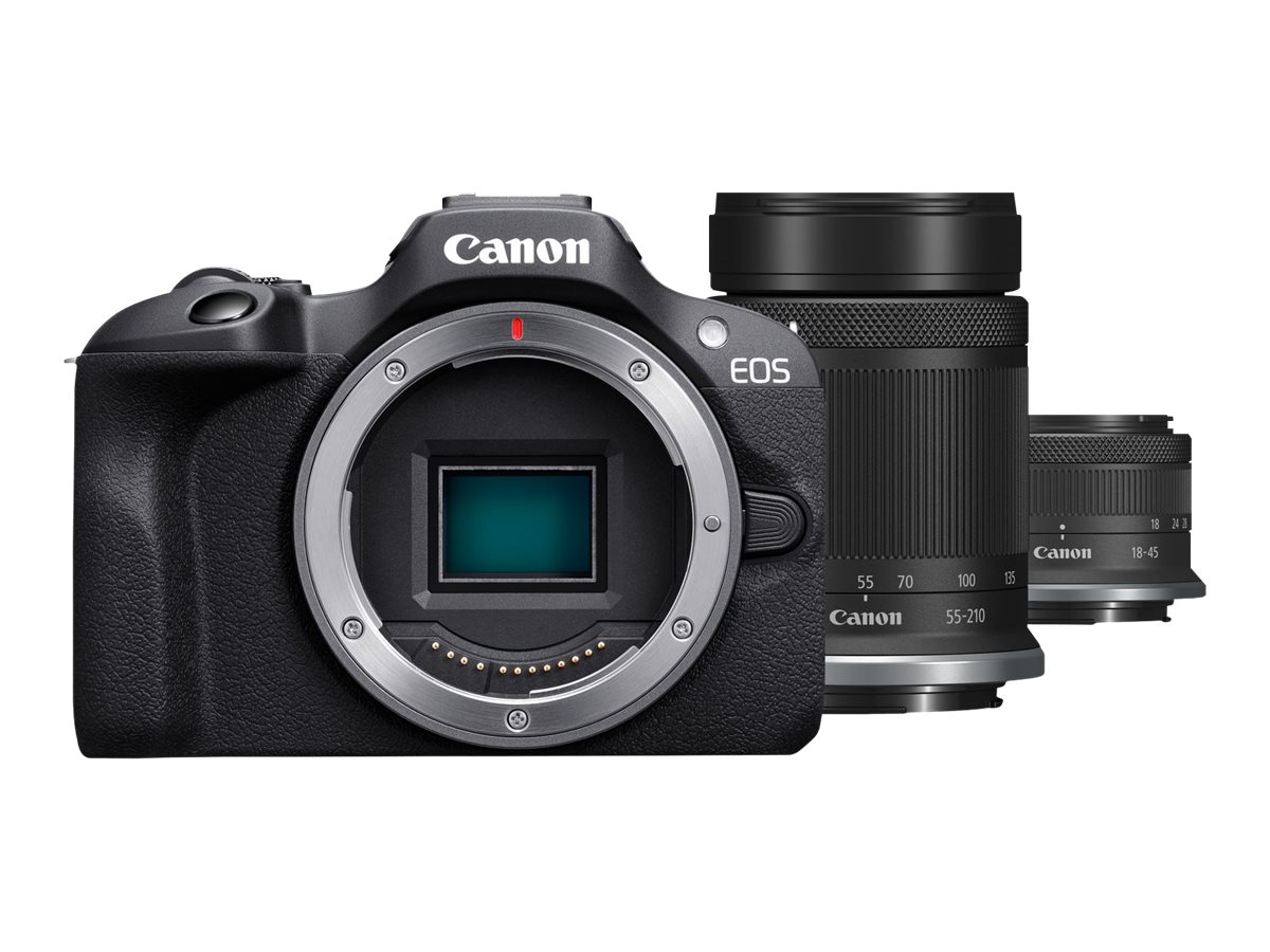 Canon - EOS R100 Mirrorless Camera + RF-S 18-45mm IS STM Lens + RF-S 55-210mm IS STM Lens - Megapixel 24.1 MP - Image stabilizer - ISO sensitivity (max) 256000 - Wi-Fi - Video recording - Manual - CMOS - Black
