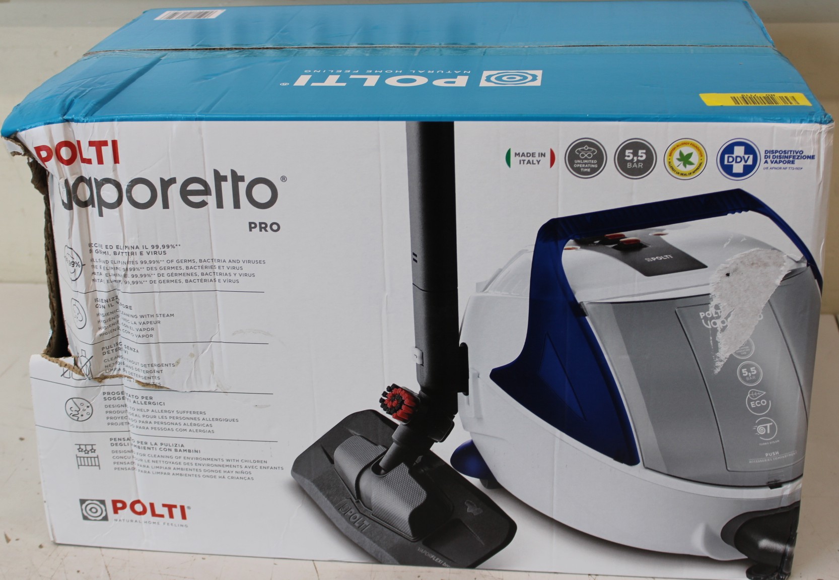 SALE OUT. - Polti - Steam cleaner - PTEU0313 Vaporetto Pro 100 Eco Power - Power 1900 W - Steam pressure 5.5 bar - Water tank capacity 2 L - White/Blue - DAMAGED PACKAGING - Warranty 24 month(s)