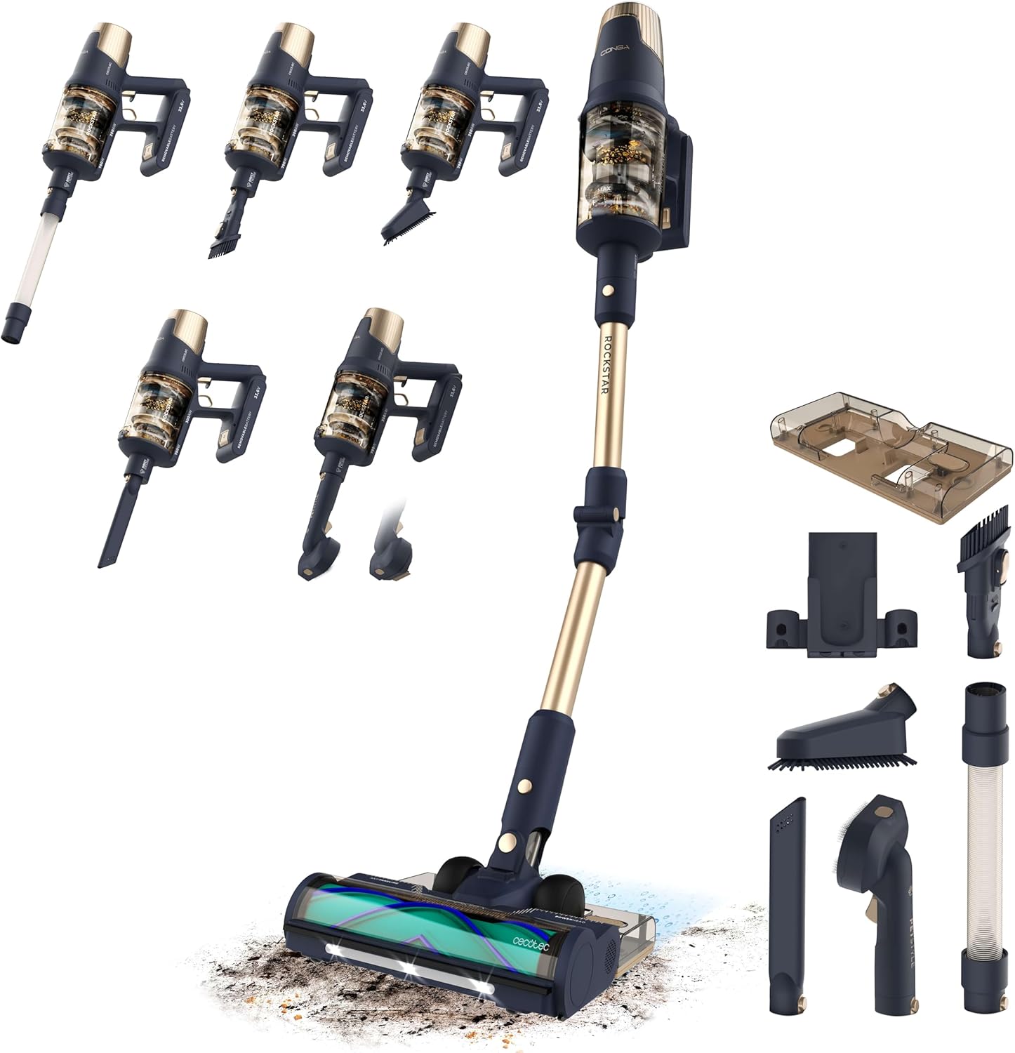 Cecotec Vacuum cleaner - Rockstar RX70 AquaPet Flex Conga - Cordless operating - Stick/handheld - 780 W - Operating time (max) 100 min - Blue/Gold