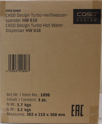 SALE OUT. Caso HW 616 Turbo Hot Water Dispenser, Capacity 2.5 L, Stainless steel, Black - SALE OUT. Caso Turbo Hot Water Dispenser - HW 616 - Water Dispenser - 2600 W - 2.5 L - Plastic/Stainless Steel - Black/Stainless Steel - DAMAGED PACKAGING