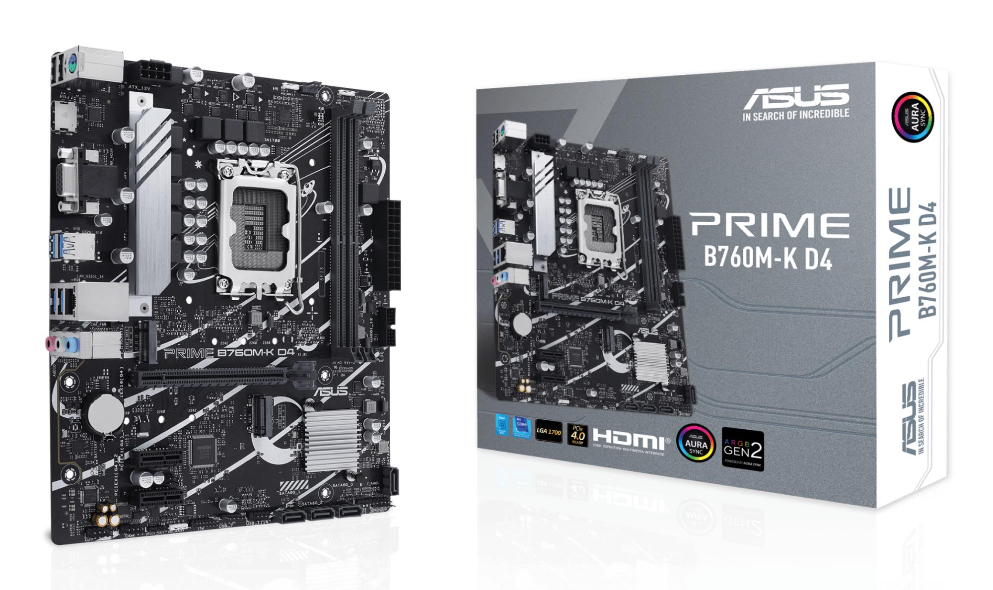 Mainboard|ASUS|Intel B760 Express|LGA1700|Micro-ATX|Memory DDR4|Memory slots 2|2xPCI-Express 4.0 1x|1xPCI-Express 4.0 16x|2xM.2|1x15pin D-sub|1xHDMI|2xUSB 2.0|4xUSB 3.2|1xPS/2|1xRJ45|3xAudio port|PRIMEB760M-KD4