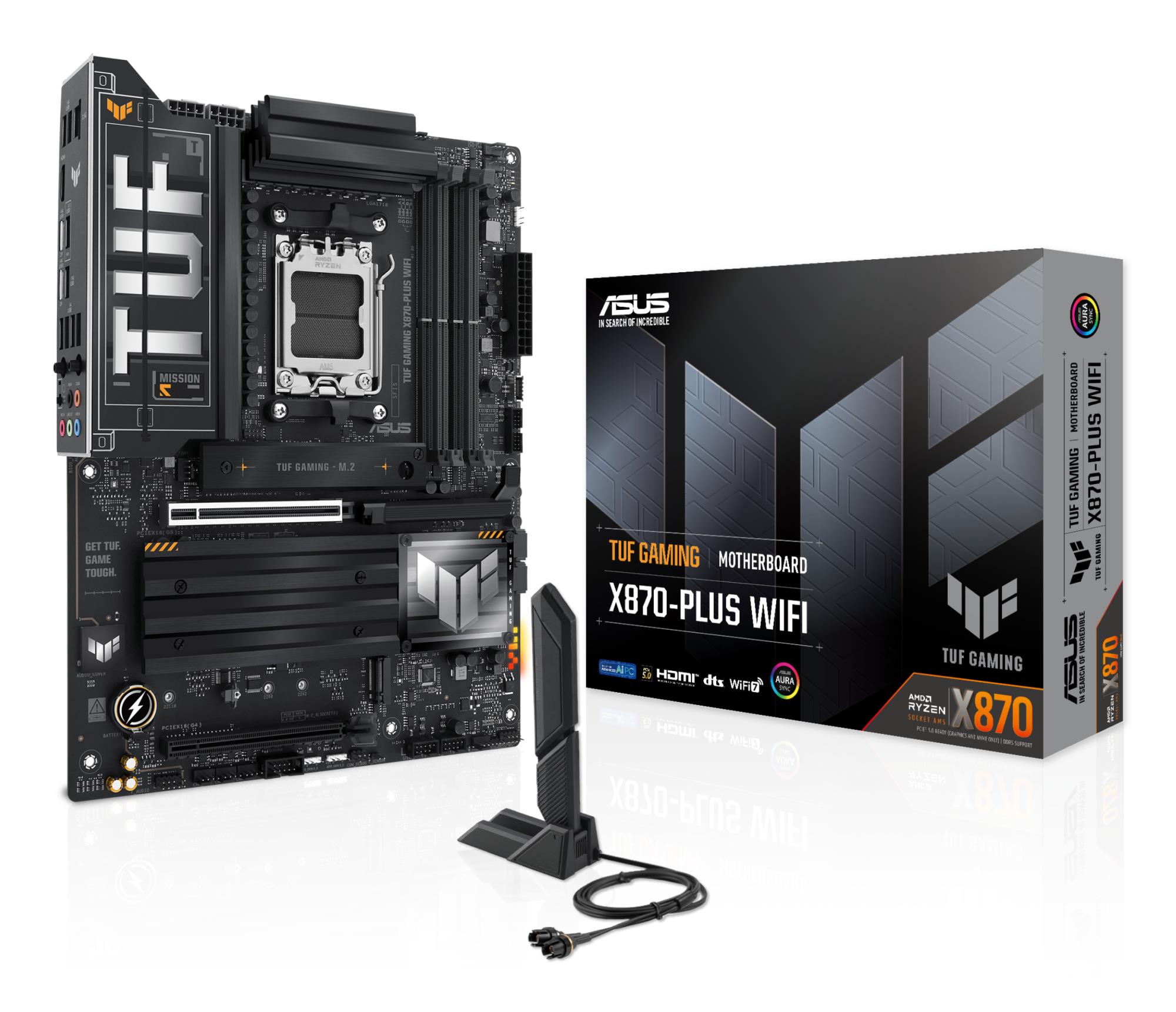 Mainboard|ASUS|AMD X870|SAM5|ATX|Memory DDR5|Memory slots 4|2xPCI-Express 4.0 16x|1xPCI-Express 5.0 16x|4xM.2|1xHDMI|1xUSB 2.0|7xUSB 3.2|2xUSB-C|1xRJ45|5xAudio port|TUFGAMINGX870-PLUSWIFI