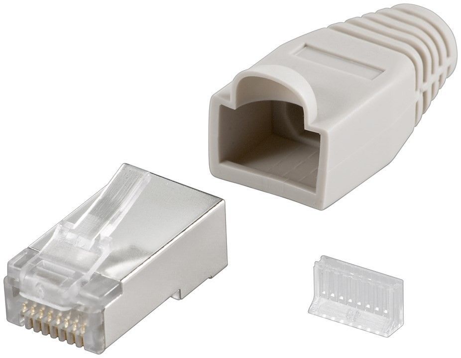 Goobay 68746  RJ45 plug, CAT 5e STP shielded with strain-relief boot, grey - for round cable with Threader   cable lead in 6.4 mm single packed (1 set per polybag)  Technical specifications  Connections  Connection, type  RJ45 male (8P8C)   Connection, co