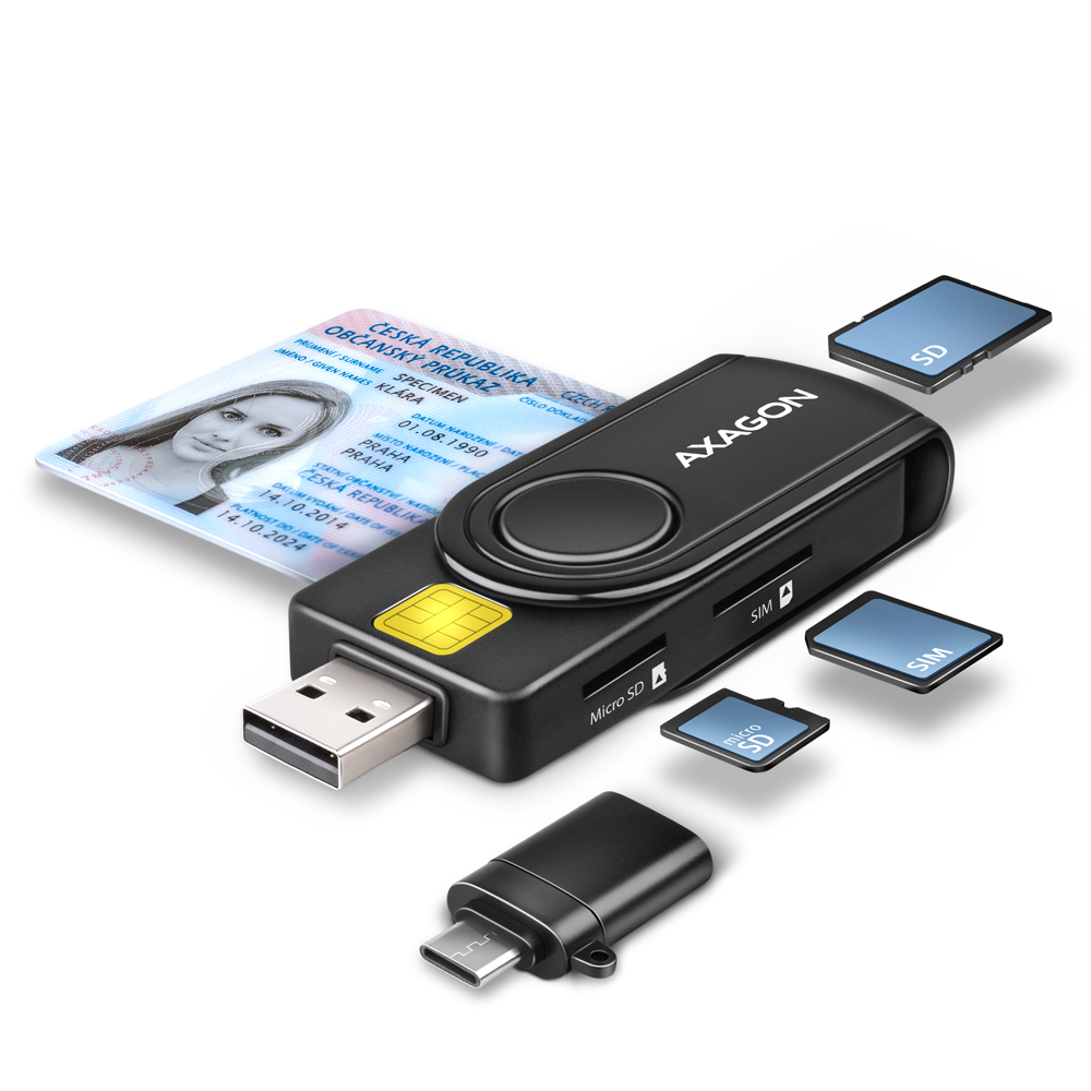 AXAGON Compact travel USB-A + USB-C contact Smart/ID card and SD/microSD/SIM card reader - CRE-SMP2A