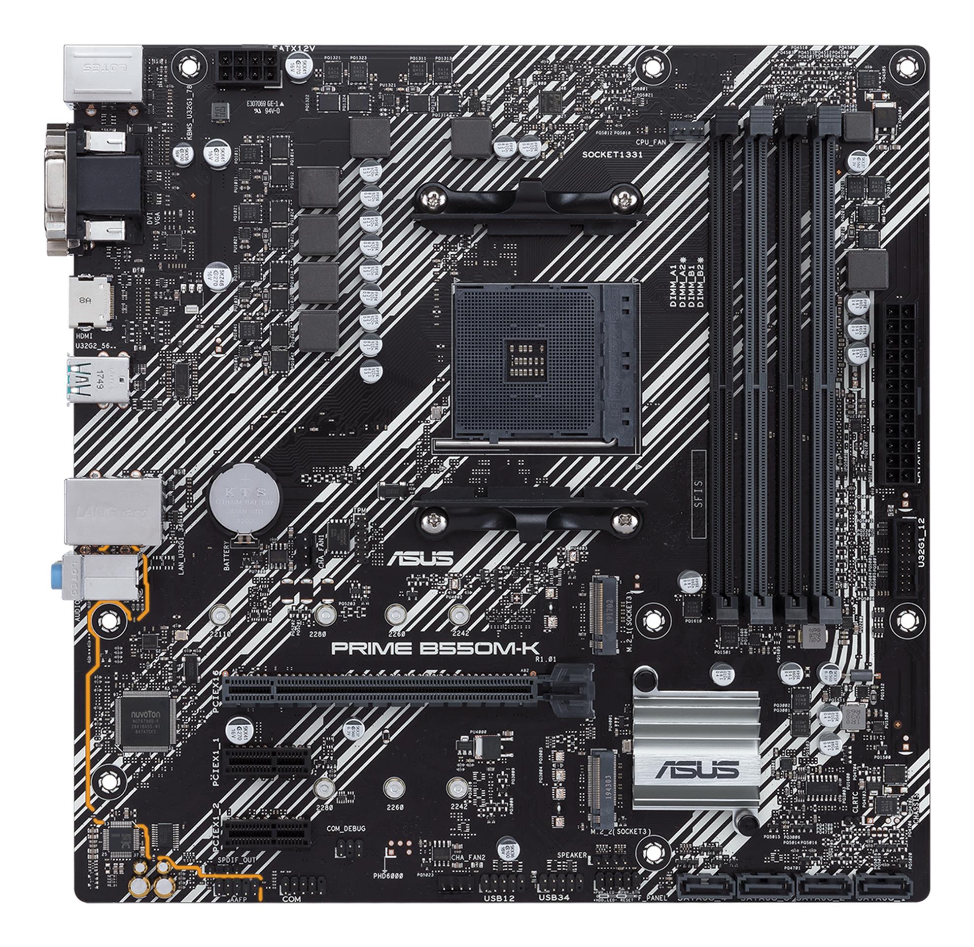 Mainboard|ASUS|AMD B550|SAM4|MicroATX|2xPCI-Express 3.0 1x|2xM.2|1xPCI-Express 4.0 16x|Memory DDR4|Memory slots 4|1x15pin D-sub|1xDVI|1xHDMI|6xUSB 3.2|1xPS/2|1xRJ45|3xAudio port|PRIMEB550M-K