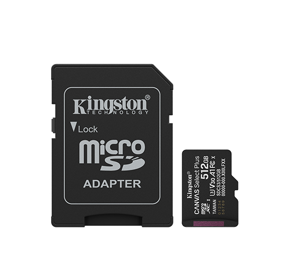 Kingston Canvas Select Plus - 512 GB - microSD - Flash memory class Class 10, UHS-I, U1/U3, video class 10/30, A1