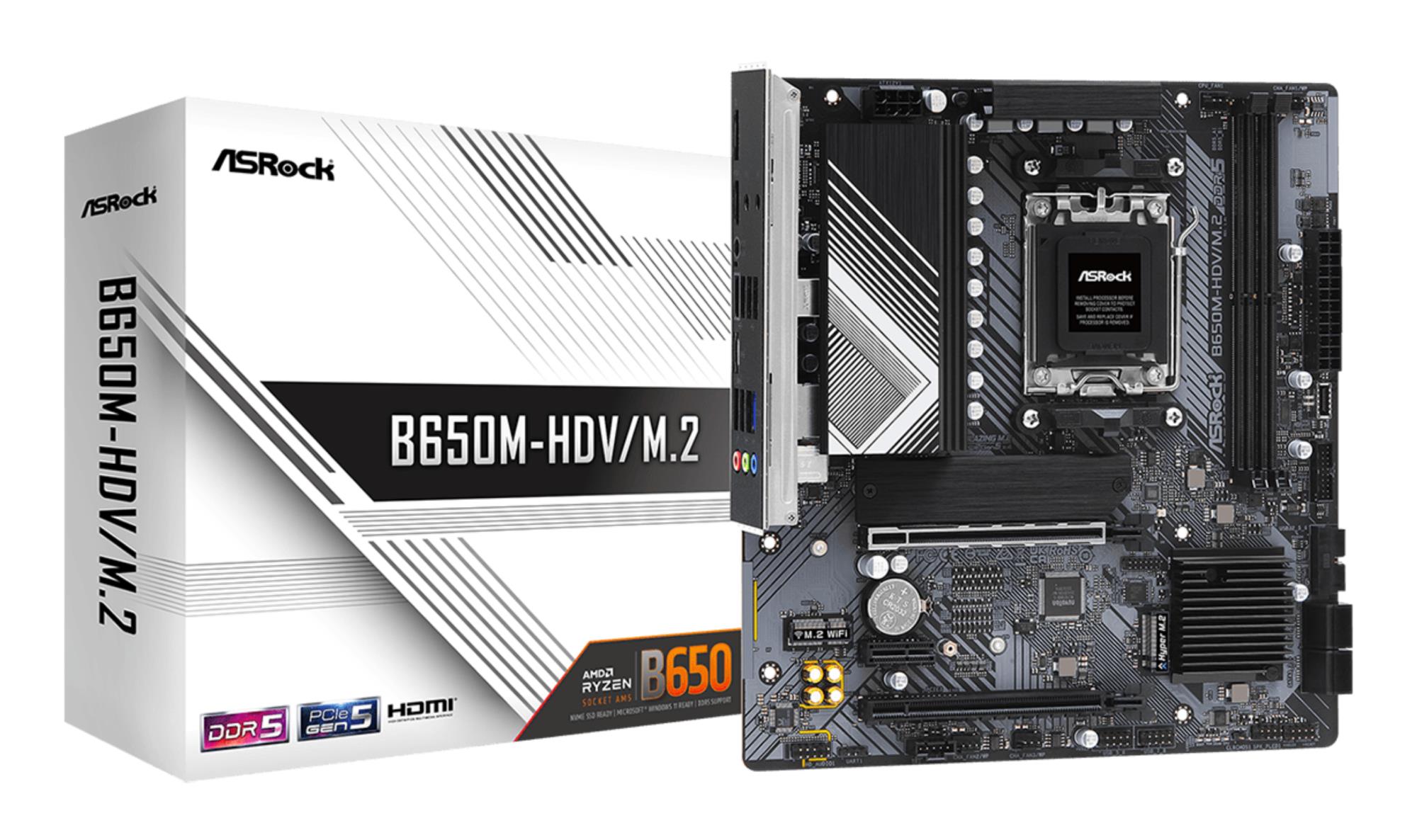 Mainboard|ASROCK|AMD B650|SAM5|Micro-ATX|Memory DDR5|Memory slots 2|1xPCI-Express 4.0 1x|2xPCI-Express 4.0 16x|1xM.2|1xHDMI|1xDisplayPort|1xAudio-In|1xAudio-Out|1xMicrophone|4xUSB 2.0|2xUSB 3.2|1xUSB-C|1xRJ45|B650M-HDV/M.2