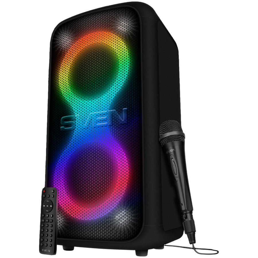 Portable speaker SVEN PS-1000, black, power output 2x80W (RMS), TWS, Bluetooth, FM, USB, LED-display, lithium battery