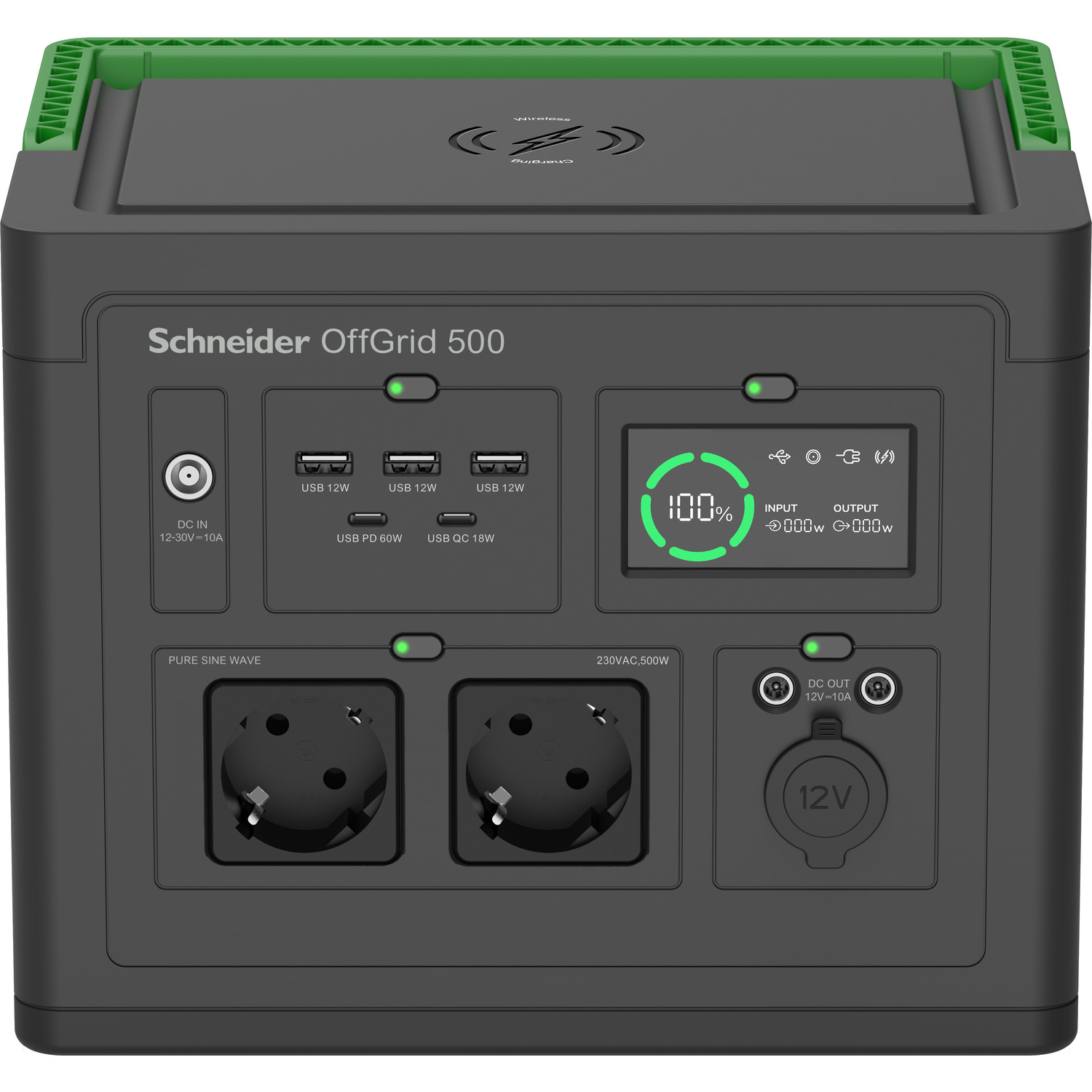 Schneider OffGrid Portable Power Station 500, 230V, 517Wh Lithium-ion, LCD, 2 CEE 7/3 Schuko outlets, Sinewave, 3 USB-A, 2 USB-C, Wireless Charger