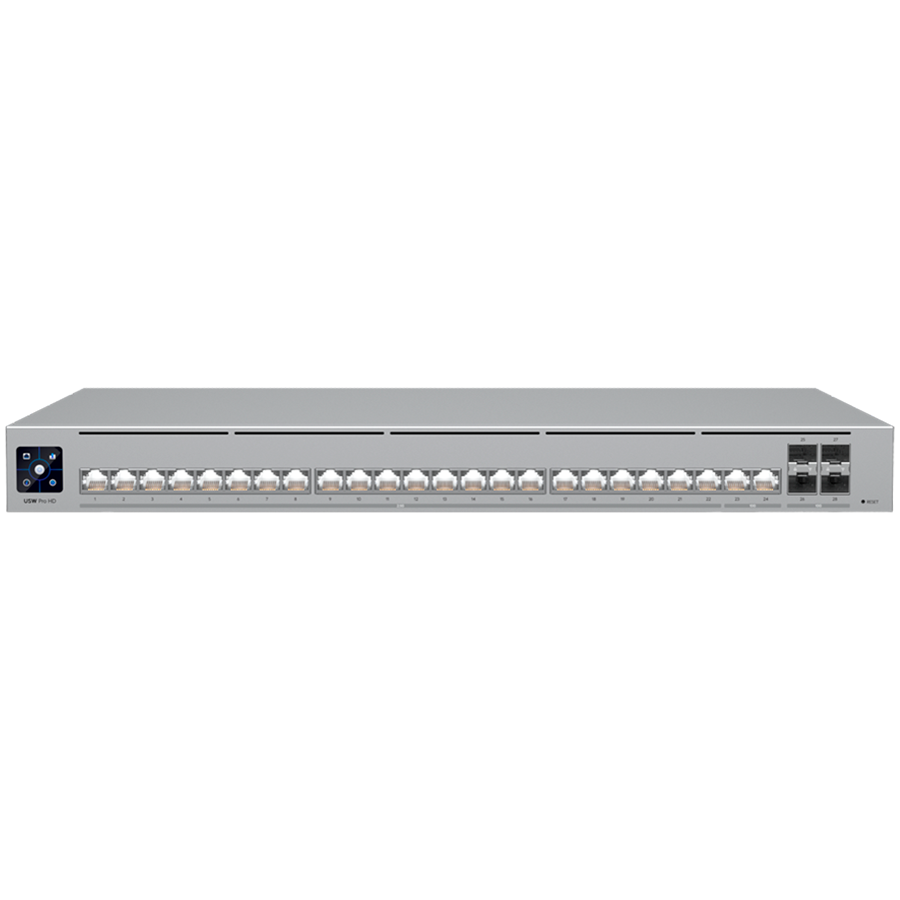 Ubiquiti Layer 3 Etherlighting switch USW-PRO-HD-24-EU, (22) 2.5 GbE, (2) 10 GbE ports, (4) 10G SFP+ ports. DC power backup ready