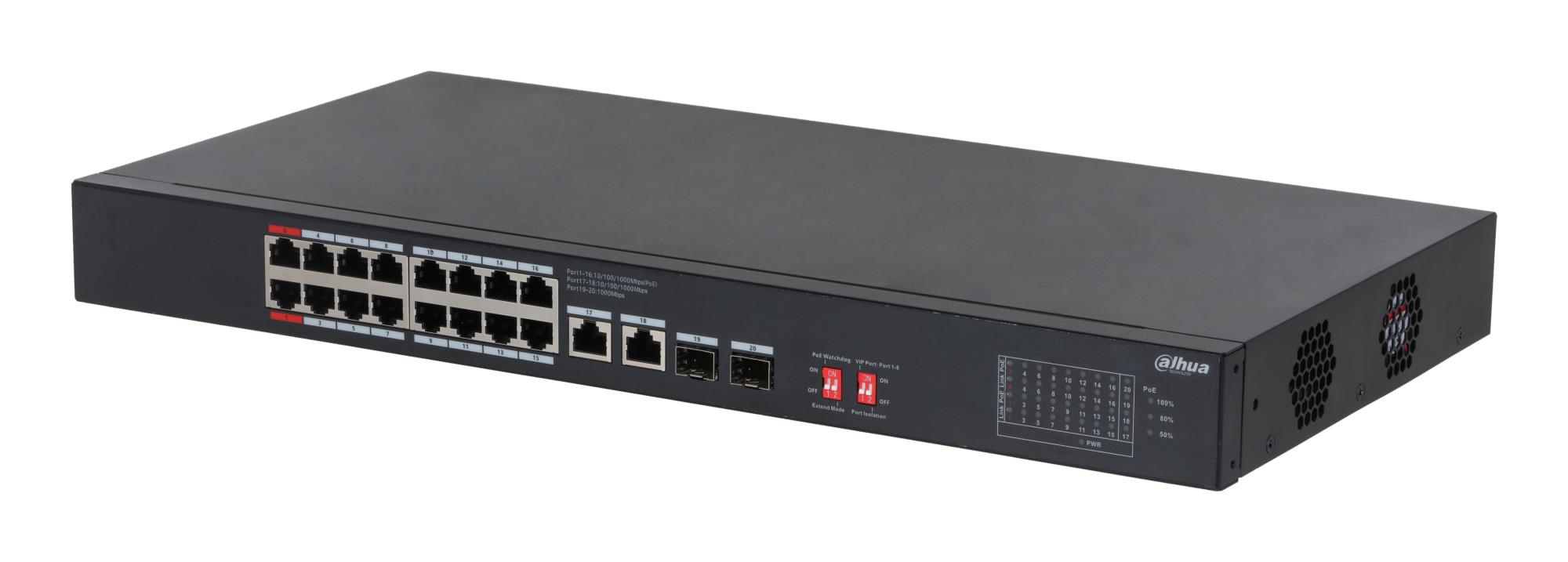 Switch|DAHUA|S3220-16GT-190|Switch type Unmanaged|Rack mounting Yes|Form factor Desktop|16xRJ-45 ports|RJ-45 Ports Type Gigabit Ethernet (10/100/1000)|2xFiber uplink ports quantity|Power over Ethernet (PoE) Yes|16xPower over Ethernet (PoE) ports quantity|
