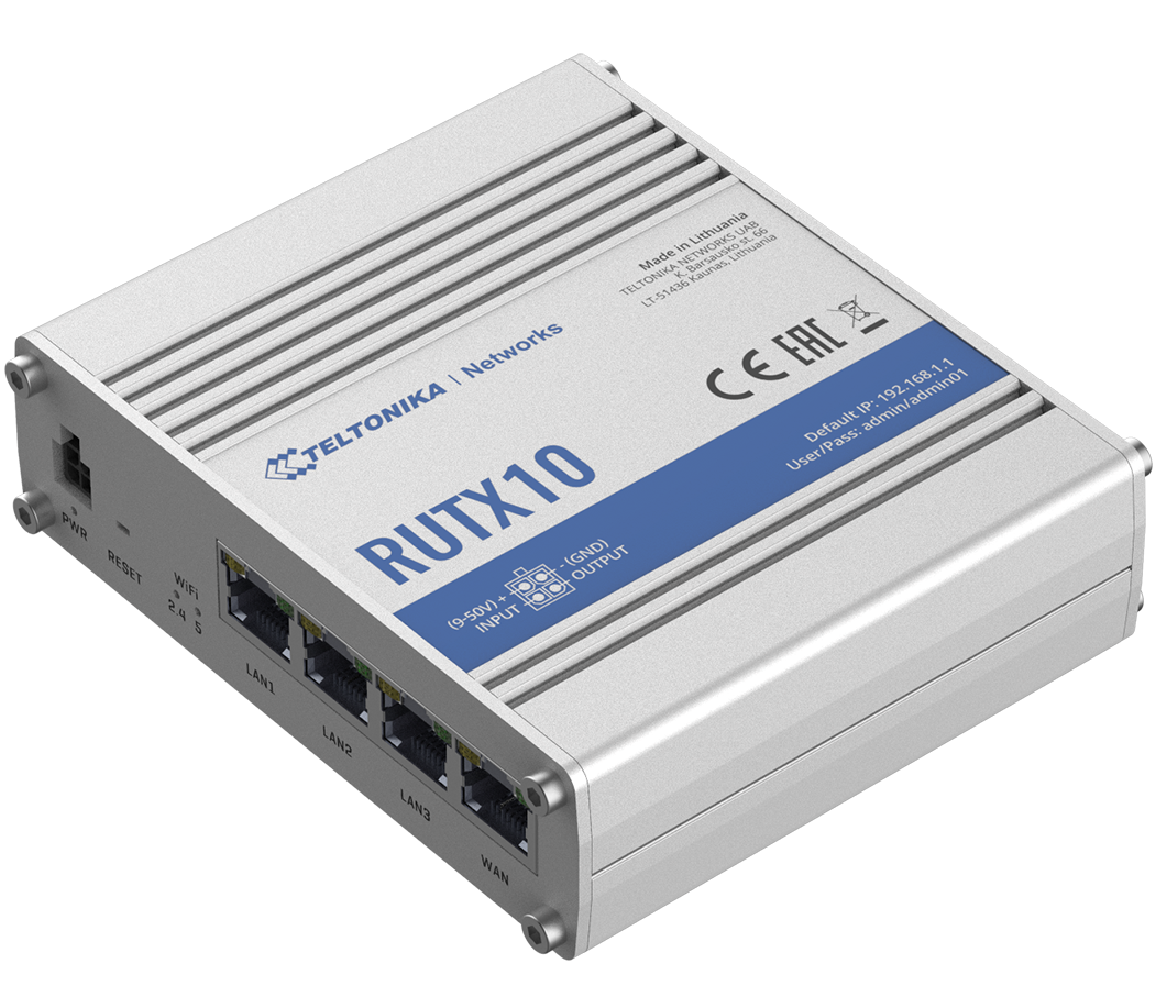 Teltonika - Industrial Router - RUTX10 - 802.11ac - 867 Mbit/s - 10/100/1000 Mbit/s - Mesh Support No - MU-MiMO No - No mobile broadband - 1 - 24 month(s)