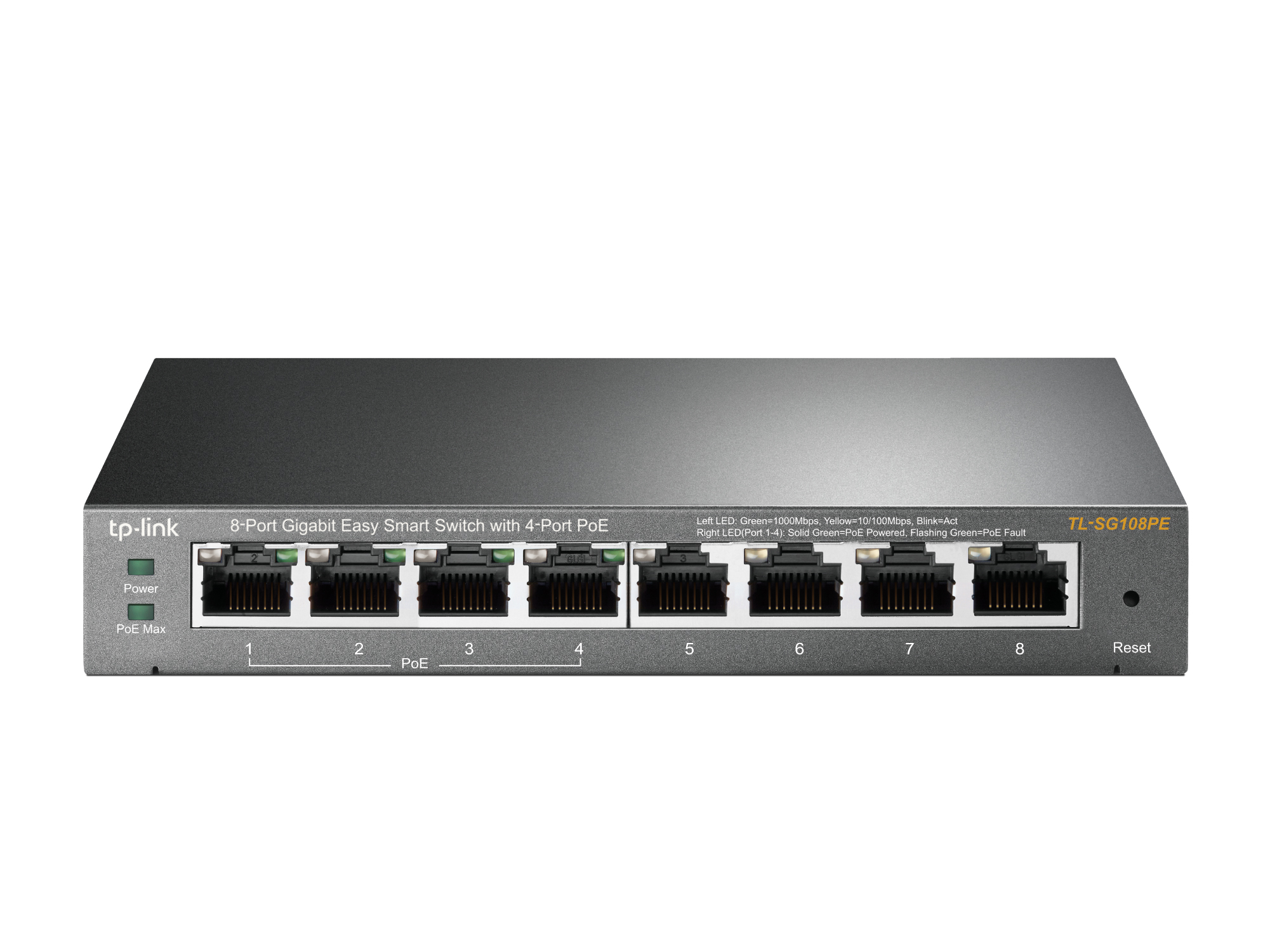 TP-LINK - Smart Switch - TL-SG108PE - Web Managed - Desktop - Gigabit Ethernet (copper) ports quantity 4 - PoE+ ports quantity 4 - Power supply type External
