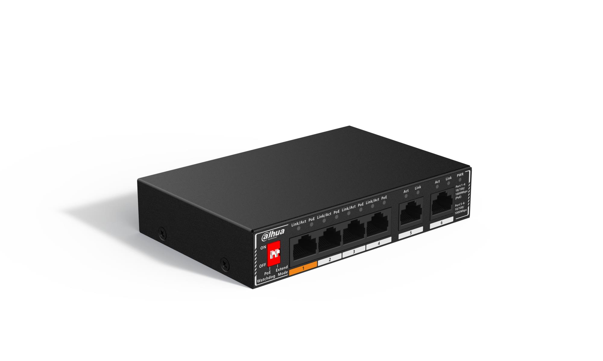 Switch|DAHUA|SG1006P|Switch type Unmanaged|6xRJ-45 ports|RJ-45 Ports Type Gigabit Ethernet (10/100/1000)|6xGigabit Ethernet (copper) ports quantity|Power over Ethernet (PoE) Yes|4xPower over Ethernet (PoE) ports quantity|Total Power over Ethernet (PoE) bu