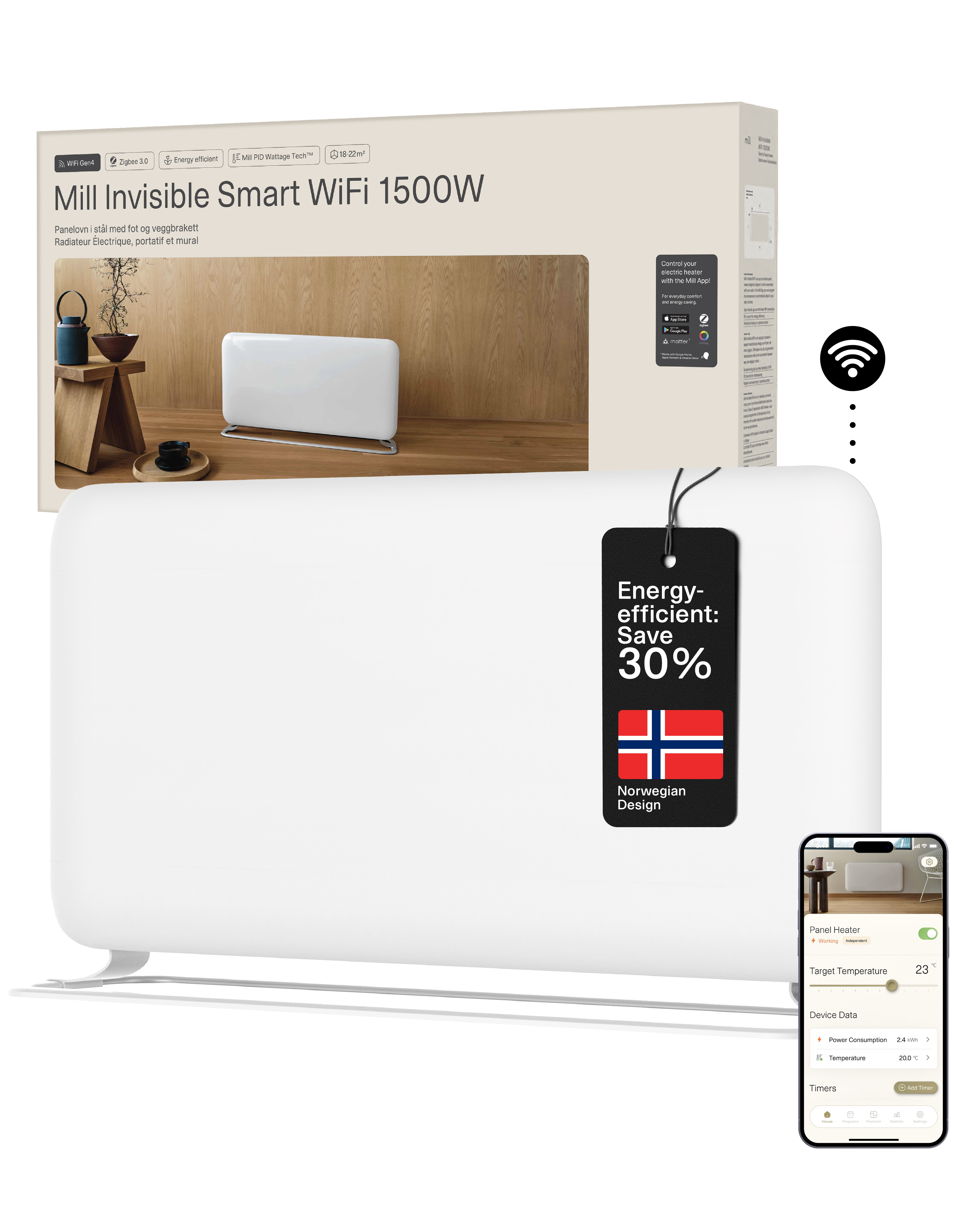 Mill WiFi Panel Heater - PA1500WIFI4A - Panel Heater - 1500 W - Suitable for rooms up to 18-22 m² - White - IPX4