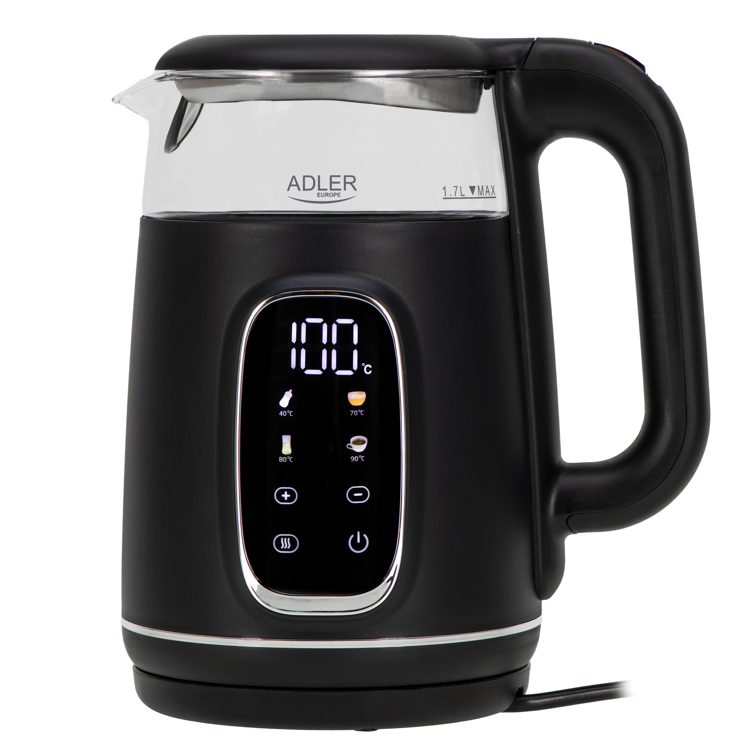 Adler Kettle with LED Display - AD 1305 - Electric - 2200 W - 1.7 L - Plastic - 360° rotational base - Black/Silver