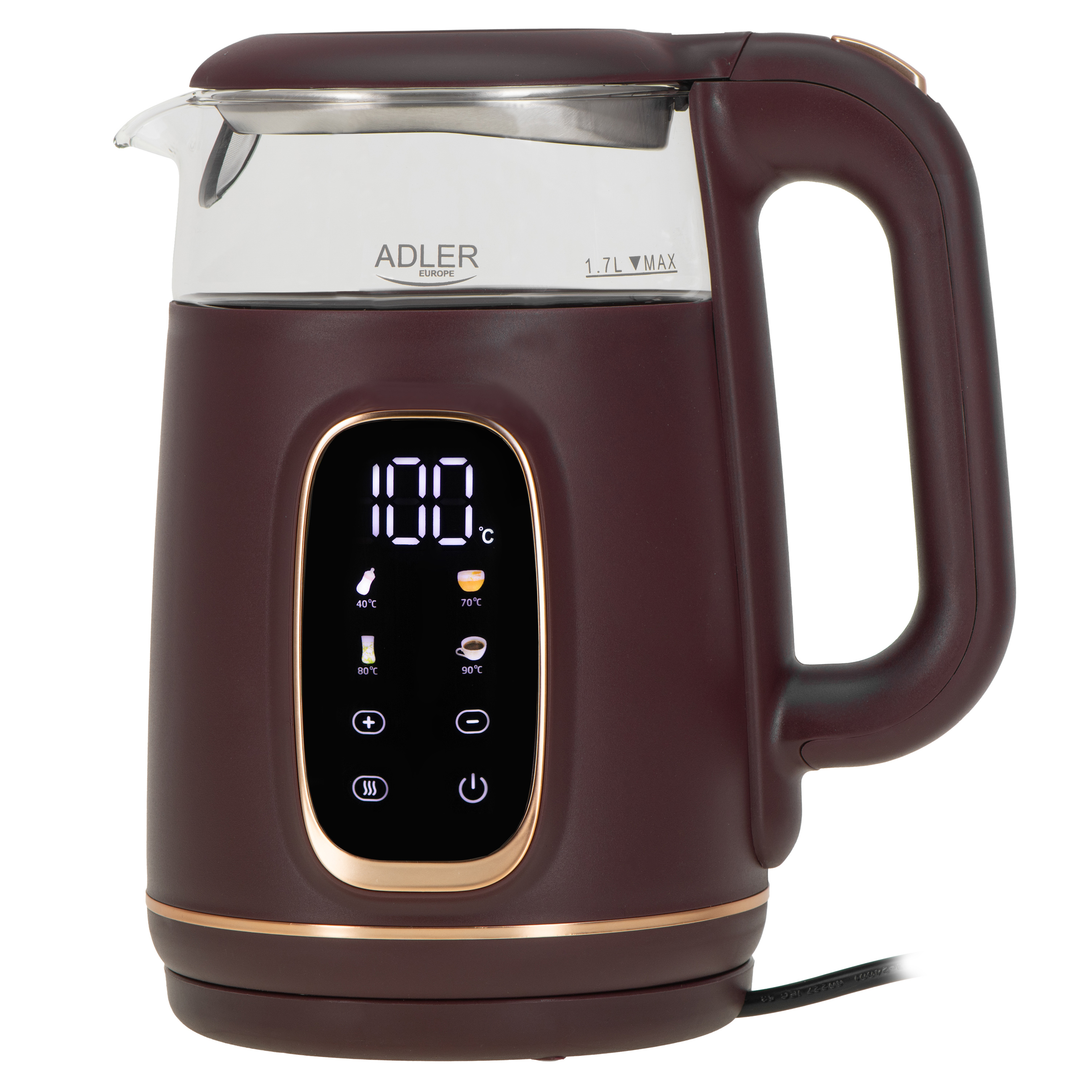 Adler Kettle with LED Display - AD 1305 - Electric - 2200 W - 1.7 L - Plastic - 360° rotational base - Burgundy