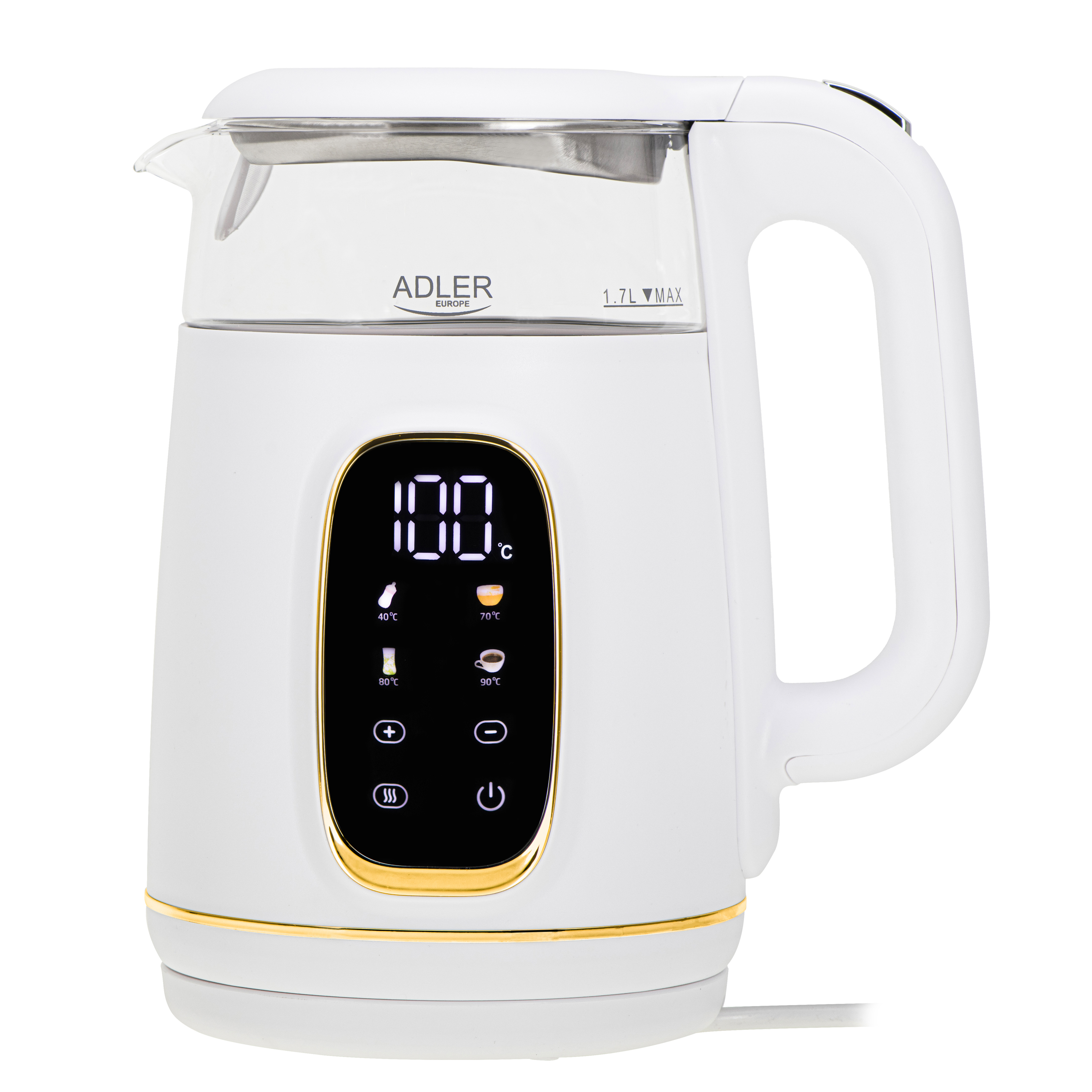 Adler Kettle with LED Display - AD 1305 - Electric - 2200 W - 1.7 L - Plastic - 360° rotational base - White/Gold