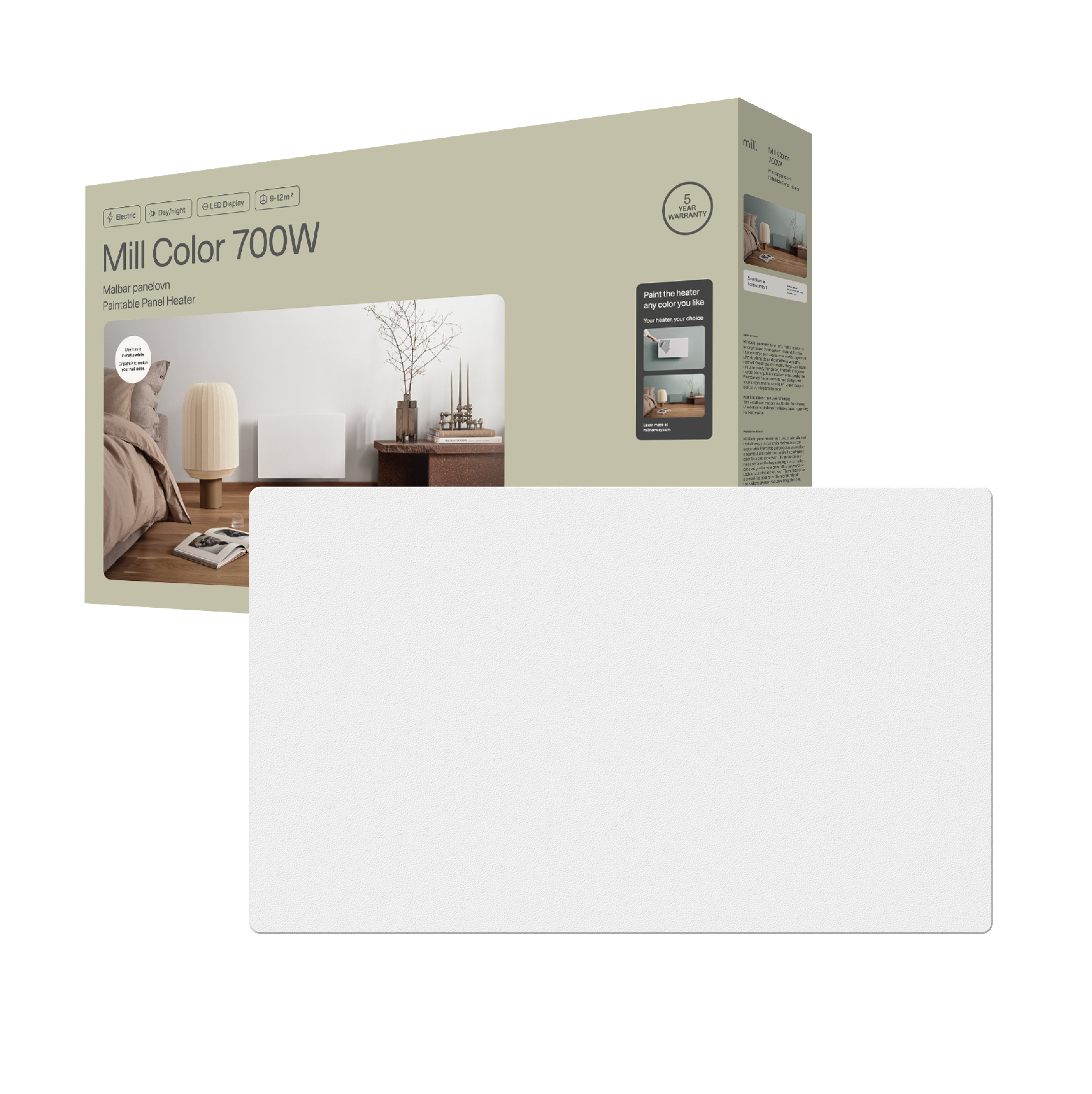 Mill Color Panel Heater - COLOR700DN - Panel Heater - 700 W - Suitable for rooms up to 9-12 m² - Matt White - IPX4