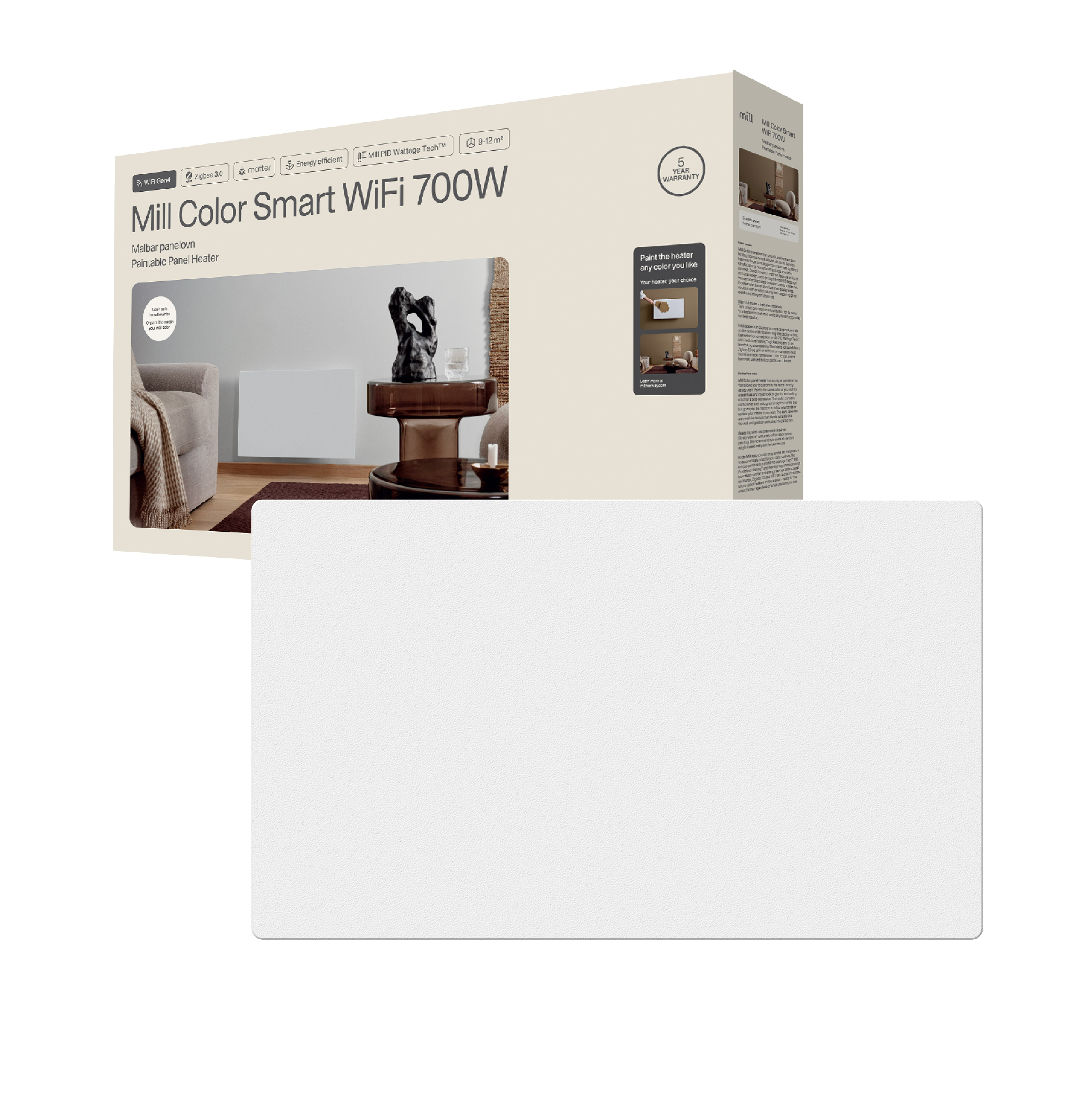 Mill Color Panel Heater, Wifi+App control - COLOR700WIFI4 - Panel Heater - 700 W - Suitable for rooms up to 9-12 m² - Matte White - IPX4