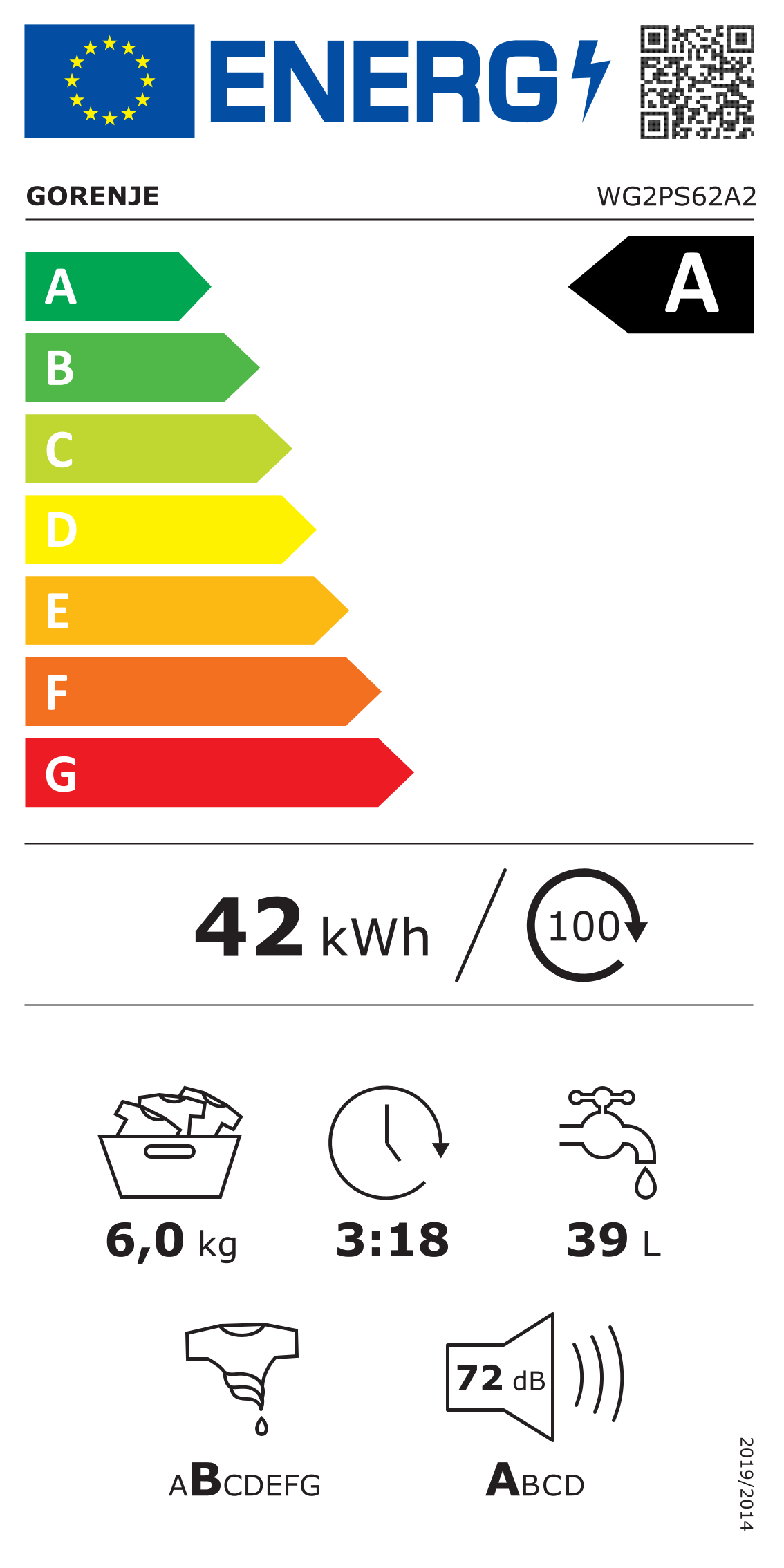 Gorenje WG2PS62A2 Washing machine, A, Front loading, 6 kg, 1200 RPM, Depth 41.5 cm, White - Gorenje