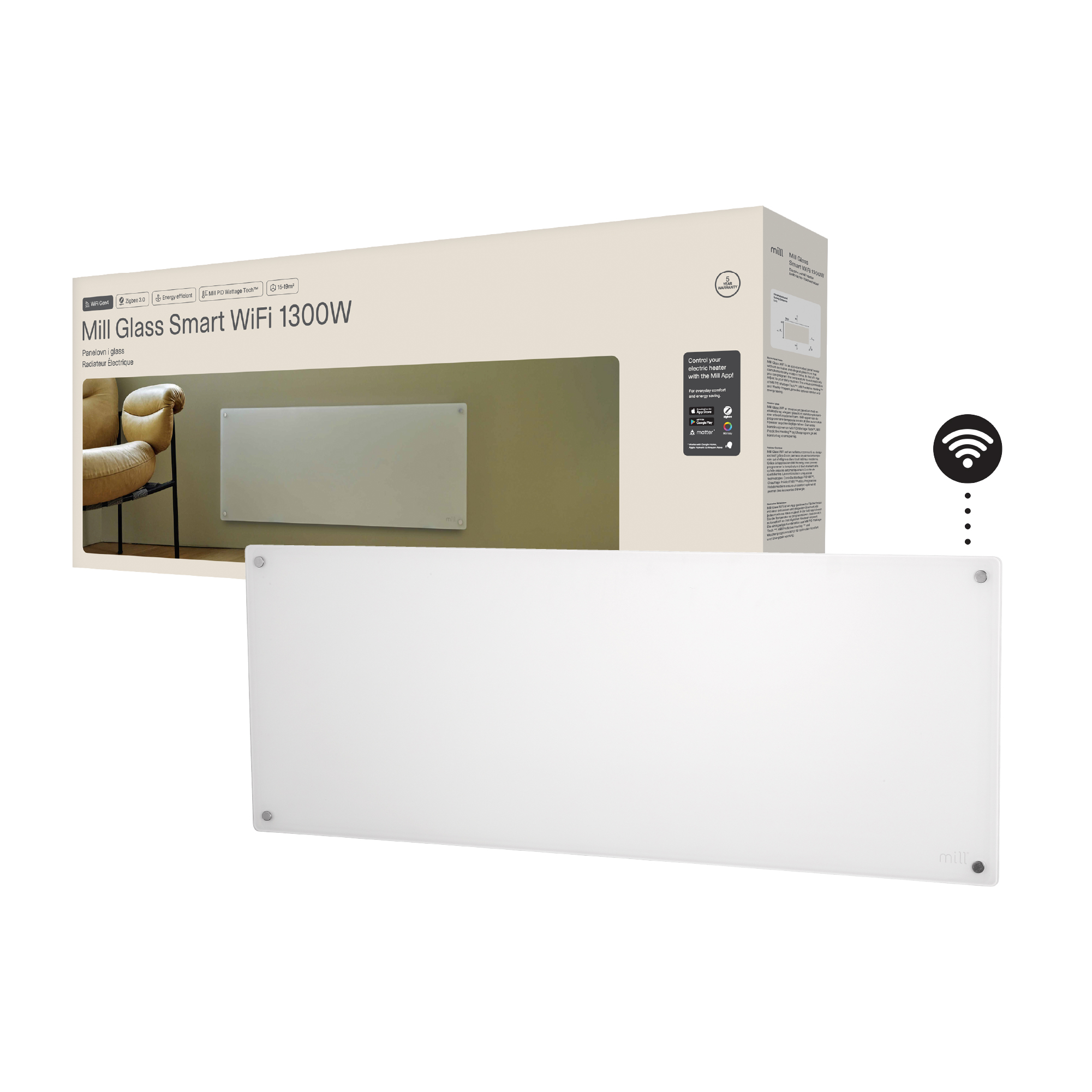 Mill Glass Smart WiFi Panel Heater Gen. 4 - GL1300WIFI4 - Panel Heater - 1300 W - Suitable for rooms up to 15-19 m² - White