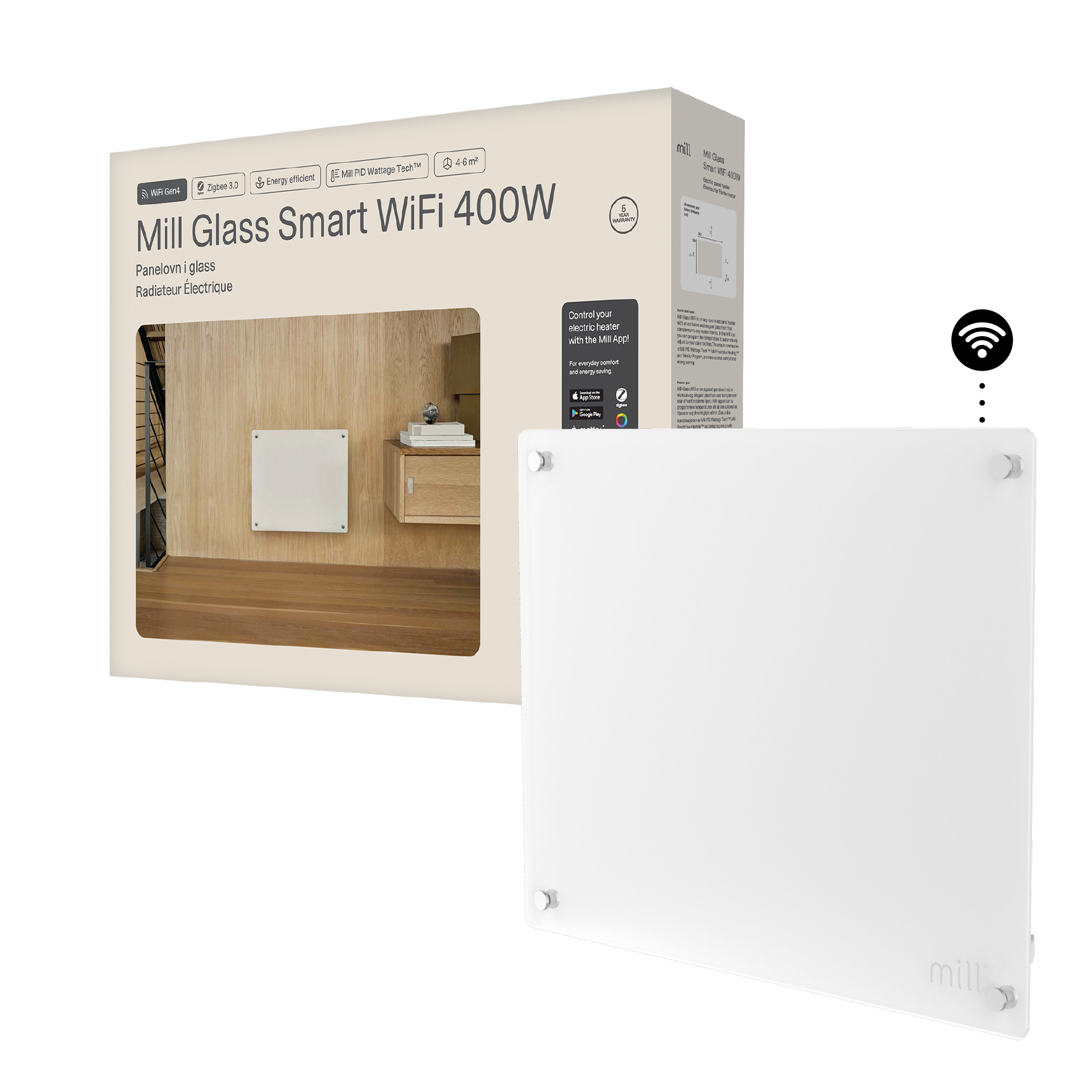 Mill Glass Smart WiFi Panel Heater Gen. 4 - GL400WIFI4 - Panel Heater - 400 W - Suitable for rooms up to 4-6 m² - White - IPX4