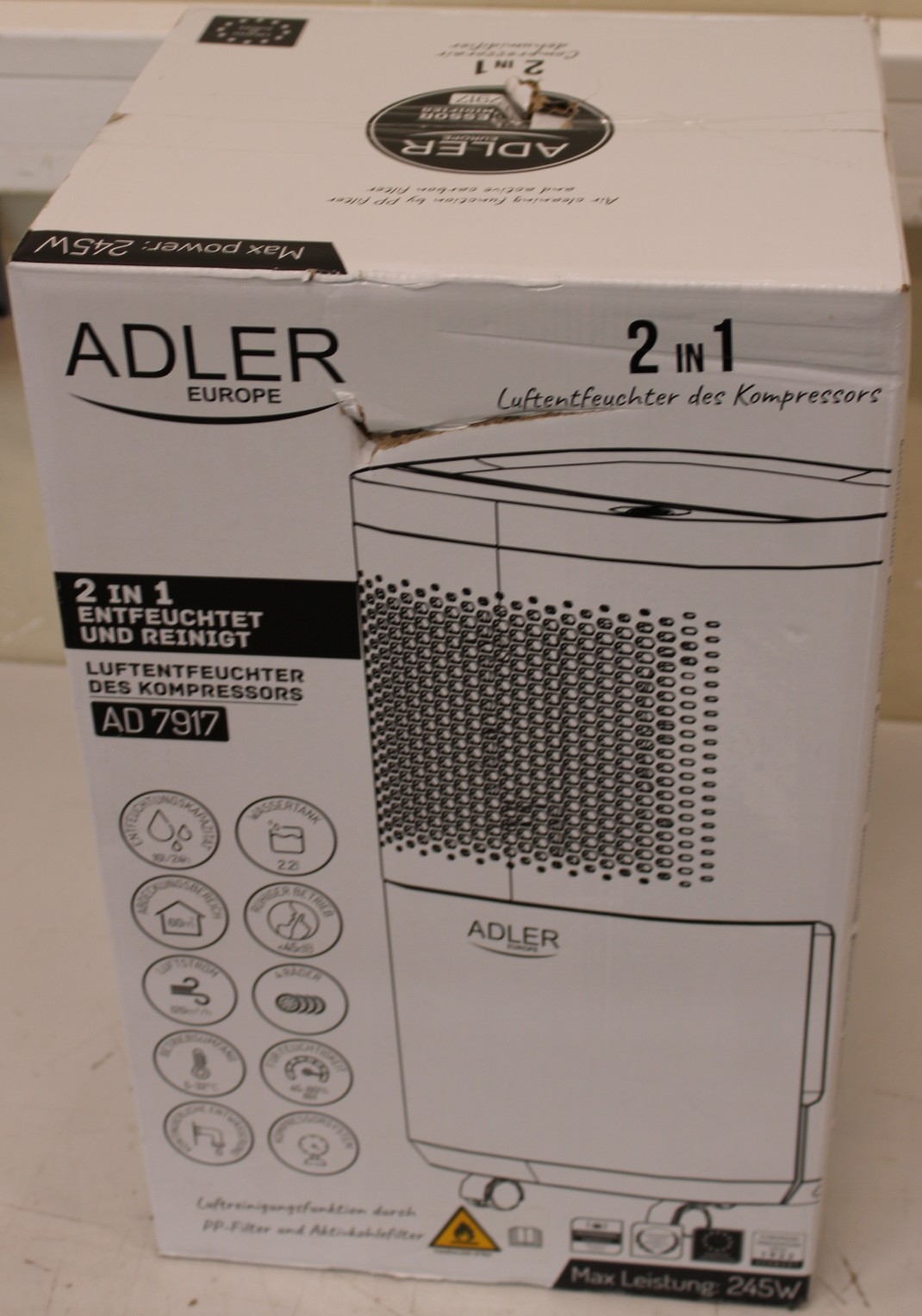 SALE OUT. Adler AD 7917 Air Dehumidifier, 200 W, Free standing, White DAMAGED PACKAGING - SALE OUT. Adler - Air Dehumidifier - AD 7917 - Power 200 W - Suitable for rooms up to 60 m³ - Water tank capacity 2.2 L - White - DAMAGED PACKAGING
