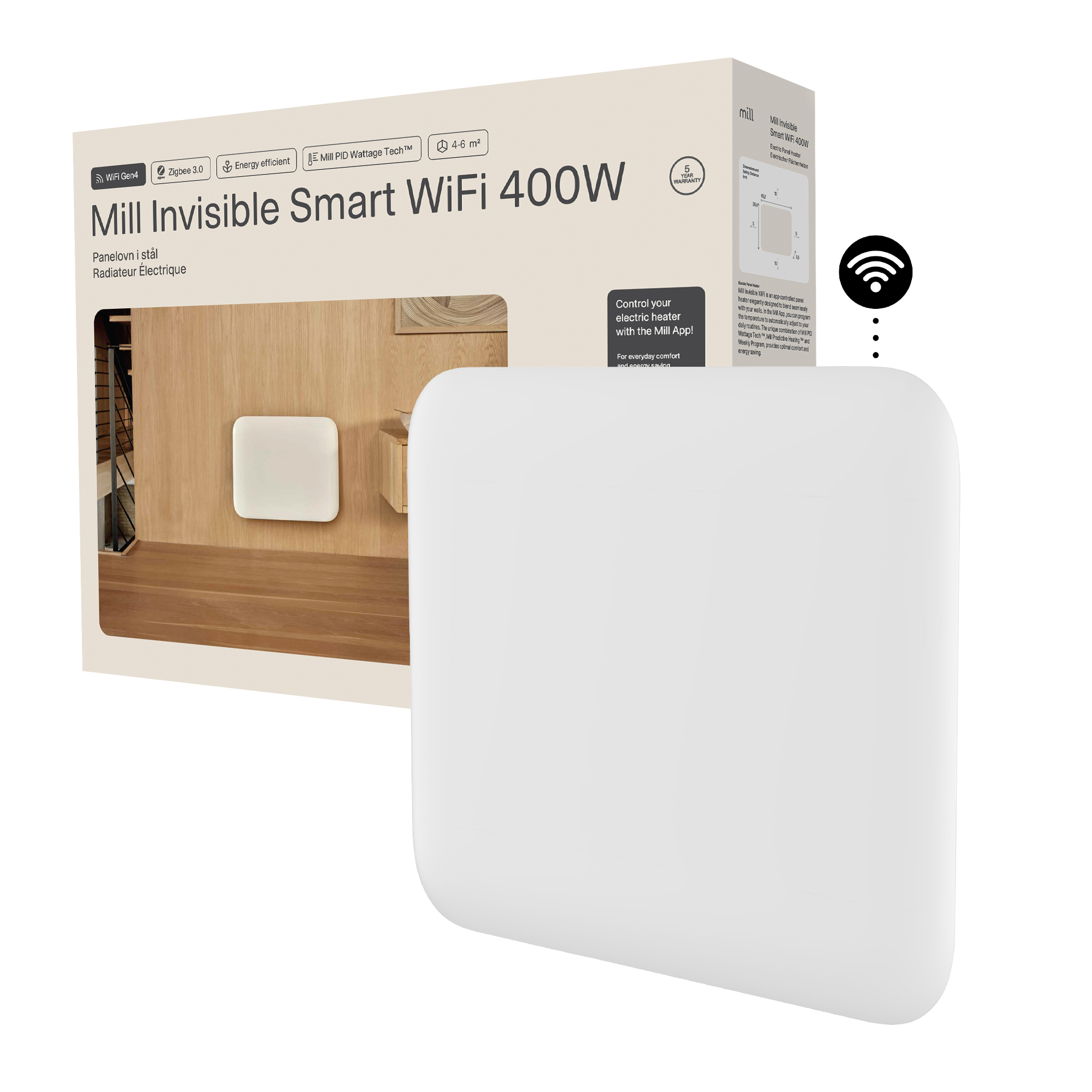 Mill Invisible Smart WiFi Heater - PA400WIFI4 - Panel Heater - 400 W - Suitable for rooms up to 4-6 m² - White - IPX4