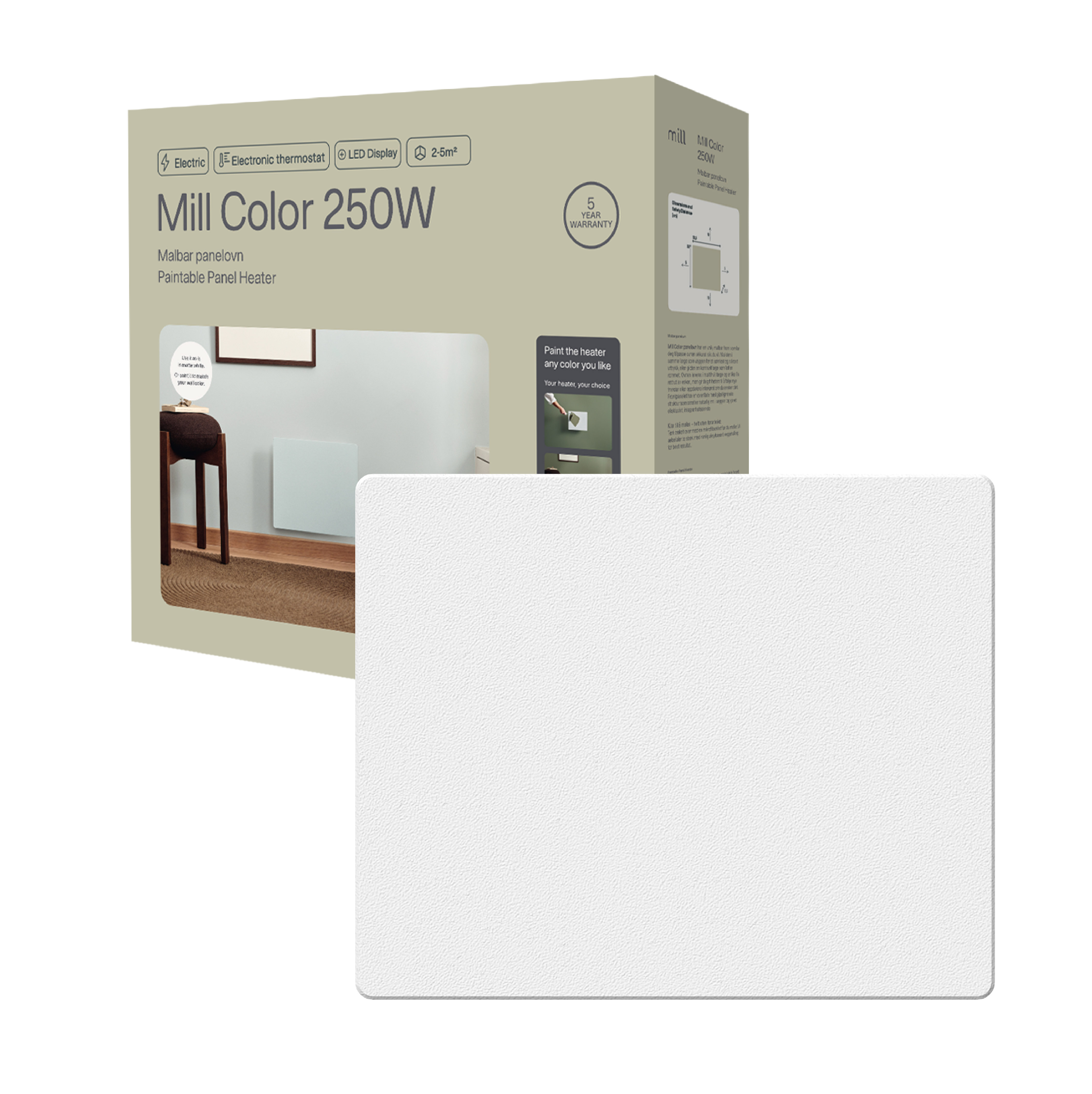 Mill Color Panel Heater - COLOR250 - Panel Heater - 250 W - Suitable for rooms up to 2-5 m² - Matte White - IPX4
