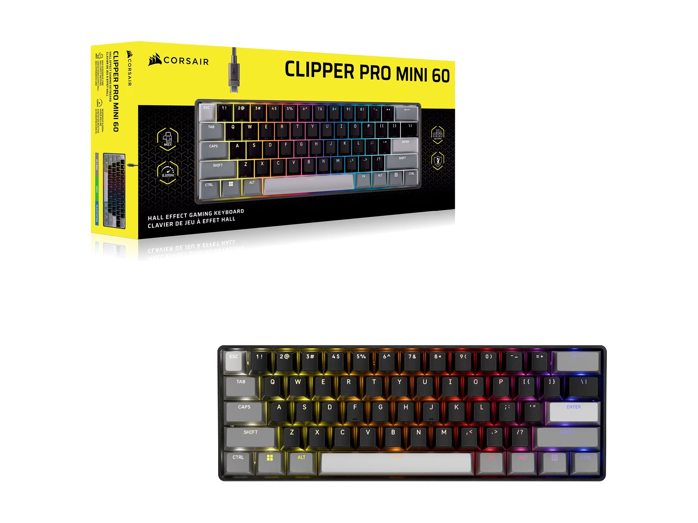 CORSAIR CLIPPER PRO MINI 60 Hall Effect Gaming Keyboard, Backlit RGB LED, CORSAIR MGX Core, Black PBT DS Keycaps - Corsair