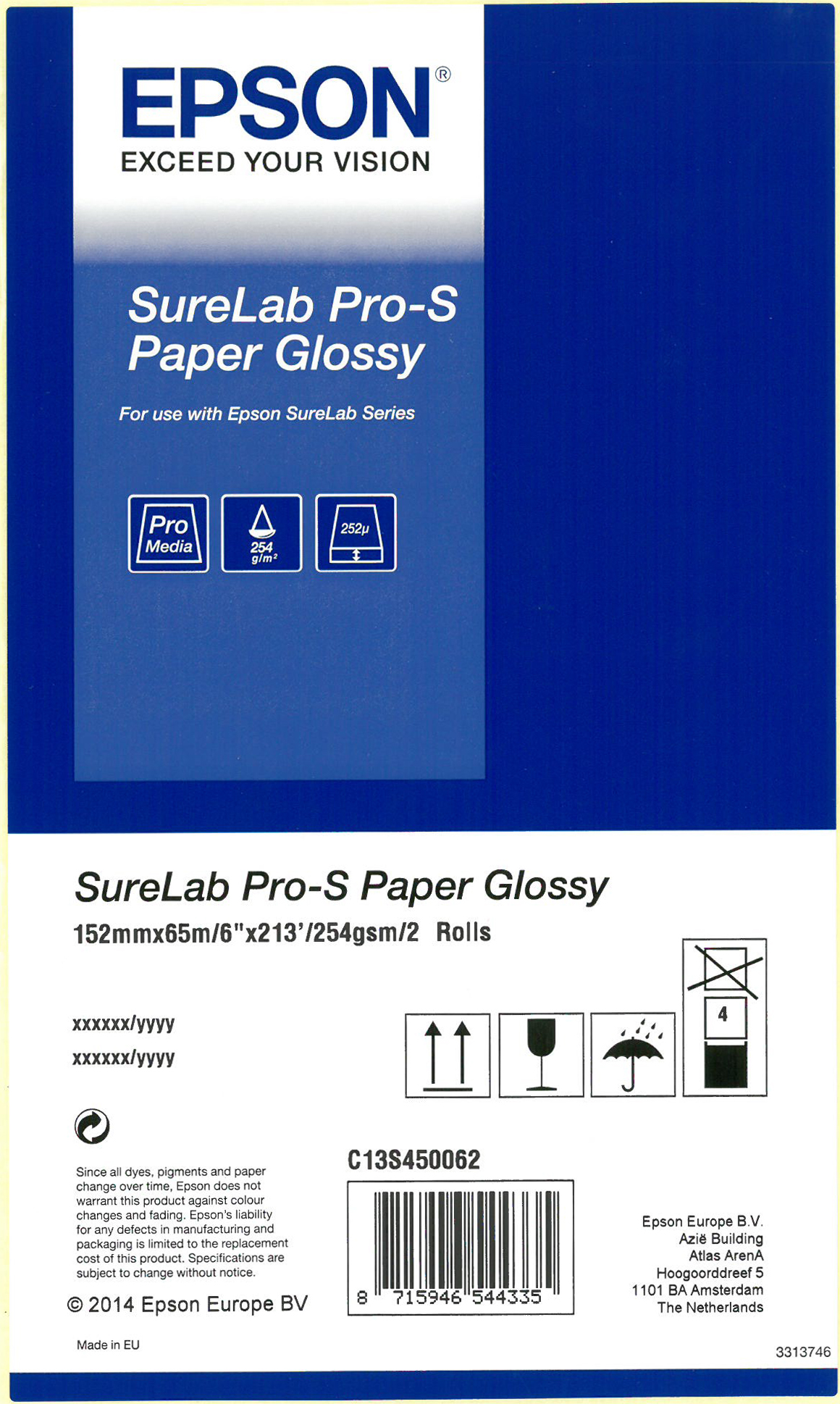 SureLab Pro-S Paper Glossy BP 6x65 2 rolls - C13S450062BP - Glossy - Variable Length / Special Camera Ratio, Panoramic / Banner, Square, 10x15cm / 4x6" / 4R, 15x20cm / 6x8" / 6R, 15x5cm / 6x2"