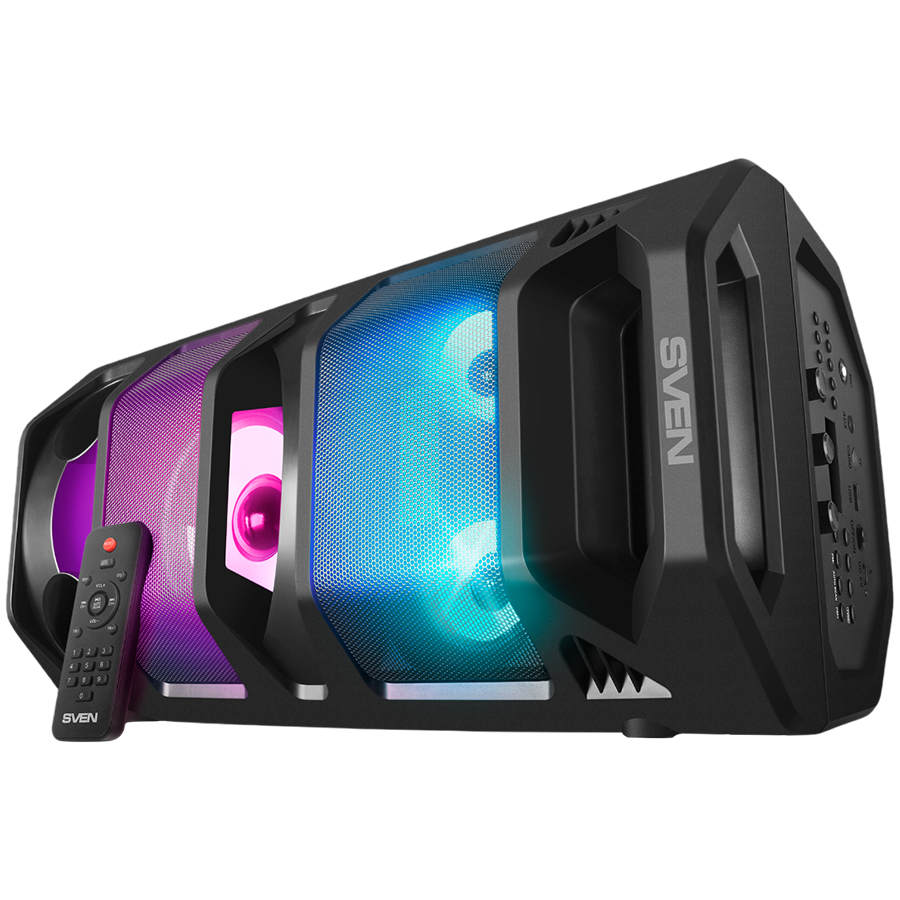 2.0 portable speaker SVEN PS-670, black, power output 2x32.5W (RMS), TWS, Bluetooth, FM, USB, microSD, LED-display, RC, lithium battery