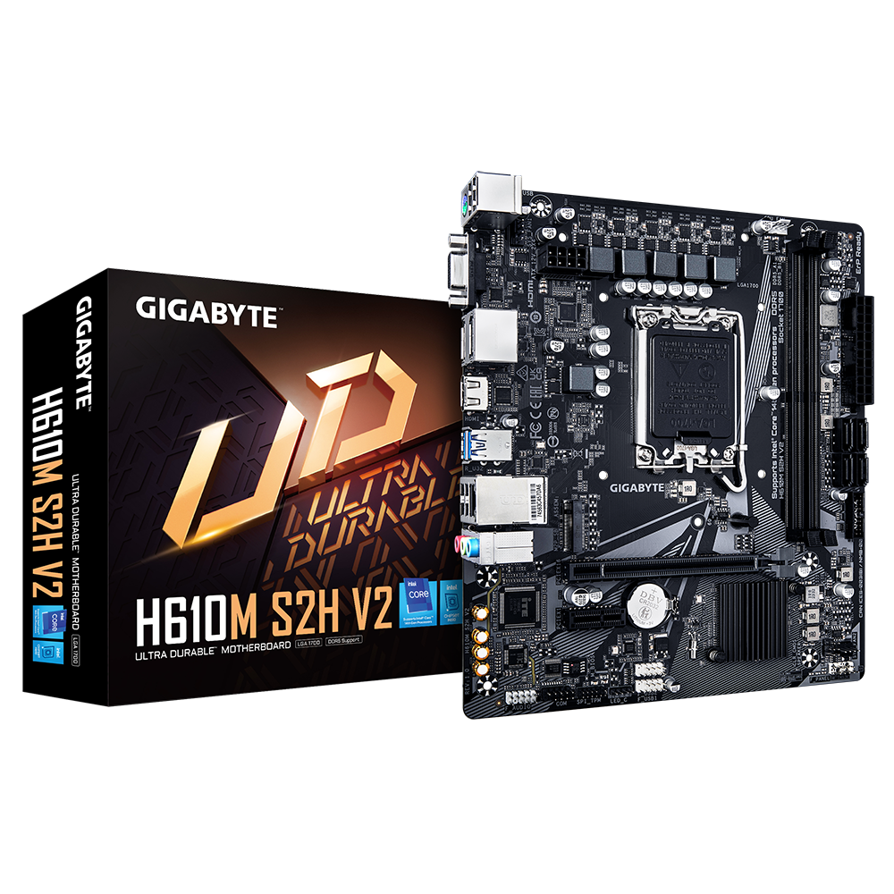 Gigabyte - H610M S2H V2 1.0 - Processor family Intel - Processor socket LGA1700 - DDR5 DIMM - Supported hard disk drive interfaces M.2, SATA - Number of SATA connectors 4