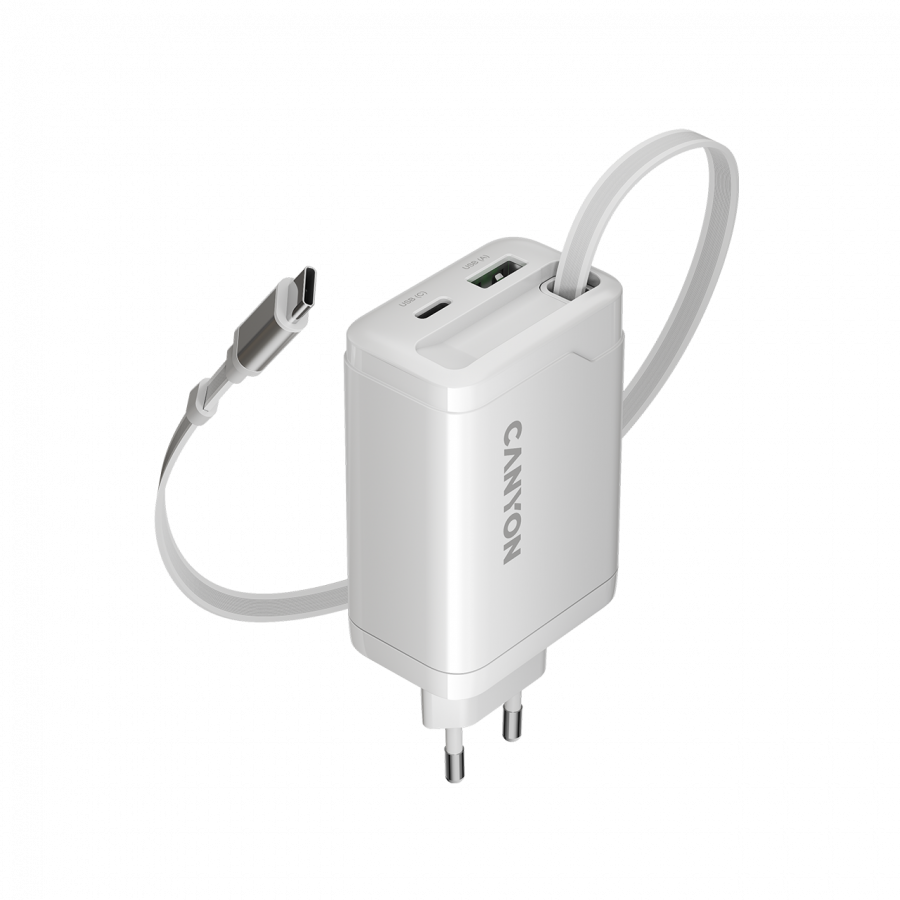 CANYON charger OnCharge 65RC Build-In Cable USB-C 65W 1xPD 1xQC EU White