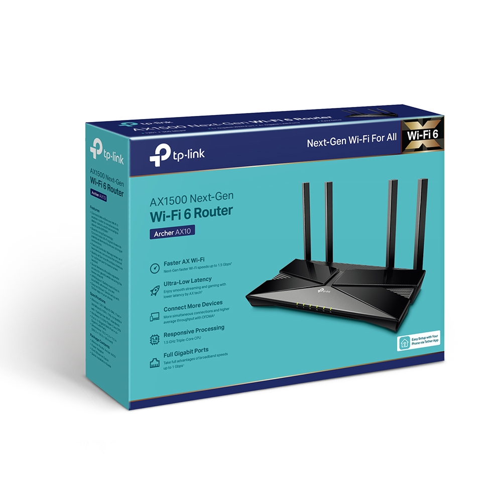 TP-LINK - AX1500 Wi-Fi 6 Router - Archer AX10 - 802.11ax - 1201+300 Mbit/s - 10/100/1000 Mbit/s - Mesh Support No - MU-MiMO Yes - No mobile broadband - Antenna type 4xExternal