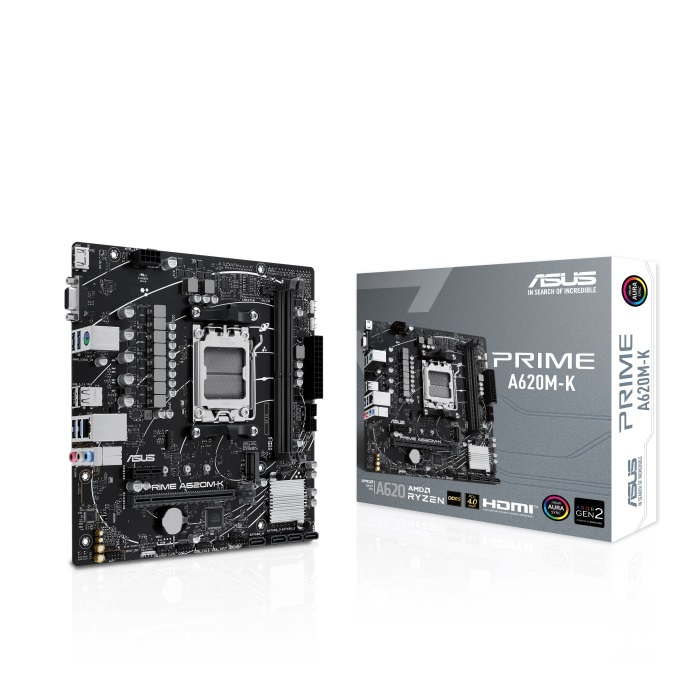 Asus - PRIME A620M-K - Processor family AMD - Processor socket AM5 - DDR5 DIMM - Memory slots 2 - Supported hard disk drive interfaces 	SATA, M.2 - Number of SATA connectors 4 - Chipset AMD A620 - micro-ATX