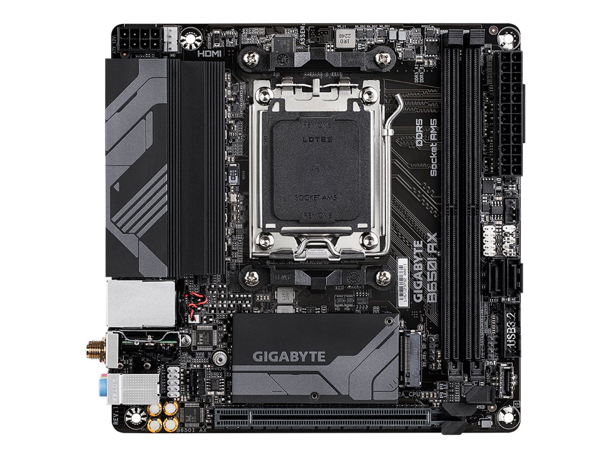 Gigabyte - B650I AX 1.0 - Processor family AMD - Processor socket AM5 - DDR5 DIMM - Supported hard disk drive interfaces SATA, M.2 - Number of SATA connectors 2