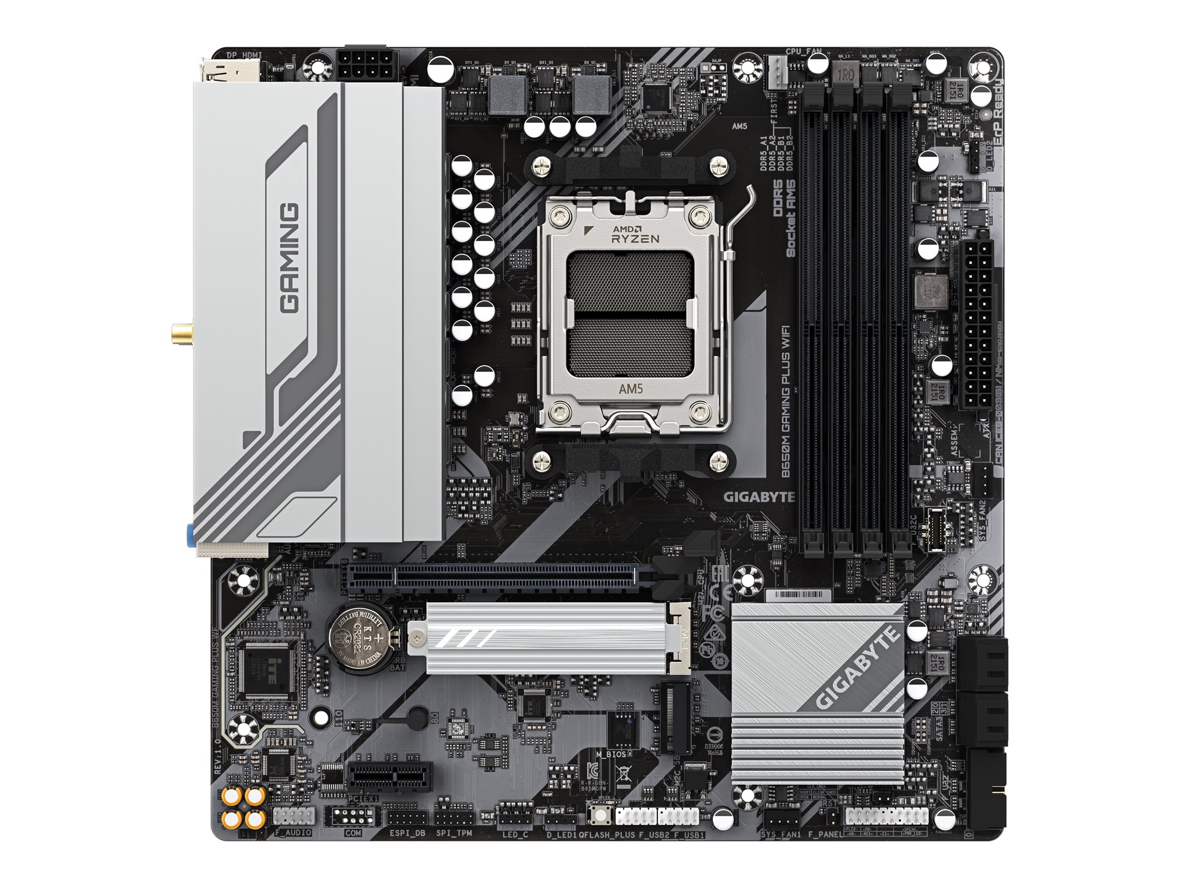 Gigabyte B650M GAMING PLUS WF - Processor family AMD - Processor socket AM5 - DDR5 - Supported hard disk drive interfaces M.2, SATA - Number of SATA connectors 4
