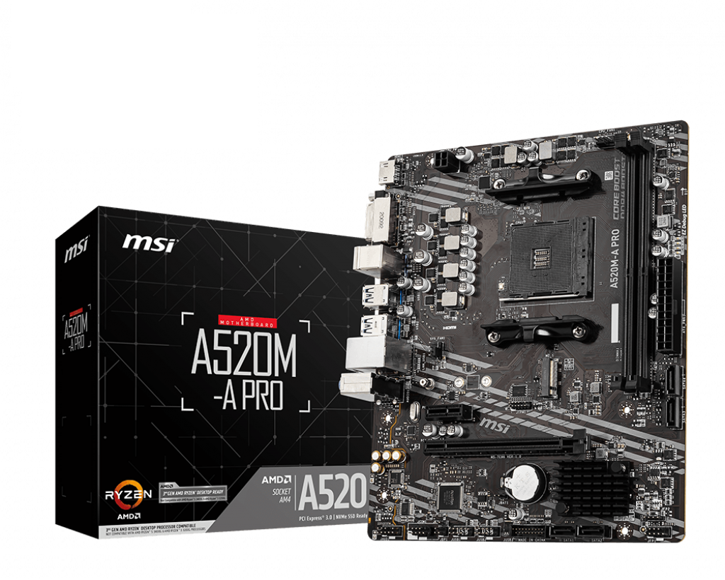 MSI - A520M-A PRO - Processor family AMD - Processor socket AM4 - DDR4 - Memory slots 2 - Chipset AMD A - Micro ATX
