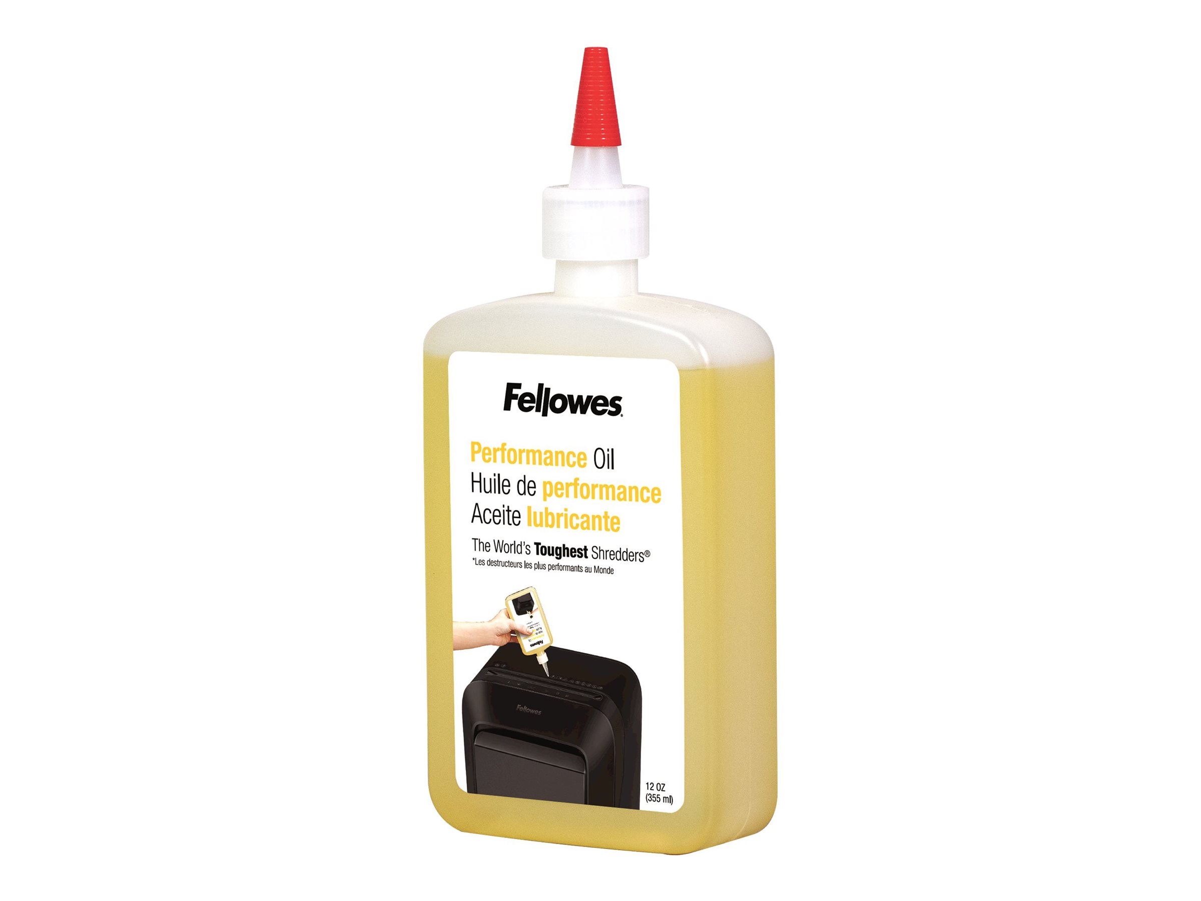 Fellowes - Shredder Oil 355 ml - For use with all Fellowes cross-cut and micro-cut shredders. Oil shredder each time wastebasket is emptied or a minimum of twice a month. Plastic squeeze bottle with extended nozzle ensures complete coverage