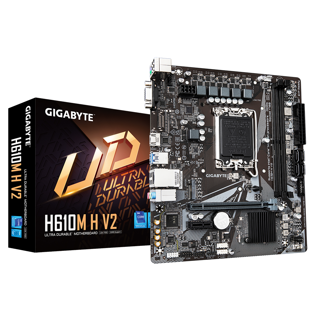 Gigabyte - H610M H V2 G1.0 - Processor family Intel - Processor socket LGA1700 - DDR5 - Supported hard disk drive interfaces M.2, SATA - Number of SATA connectors 4