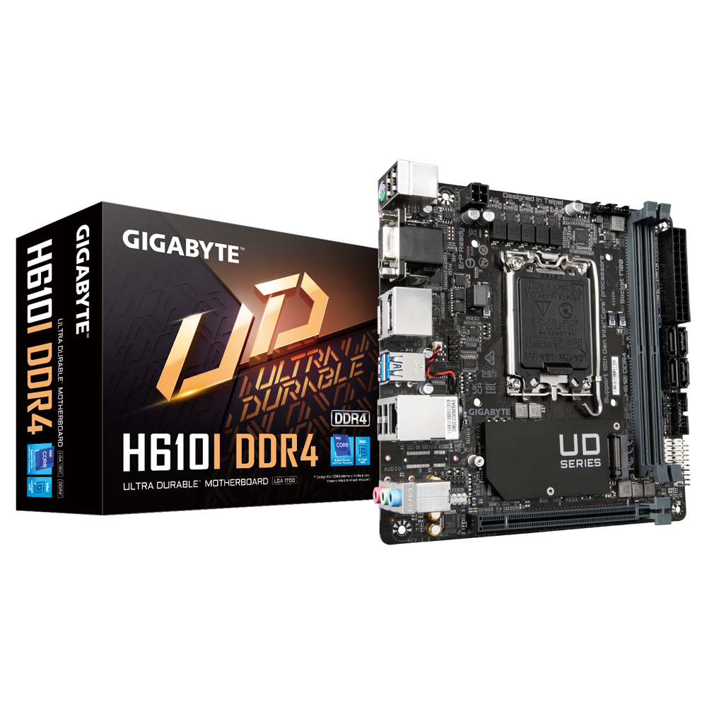 Gigabyte - H610I - Processor family Intel - Processor socket LGA1700 - DDR5 DIMM - Supported hard disk drive interfaces M.2, SATA - Number of SATA connectors 4
