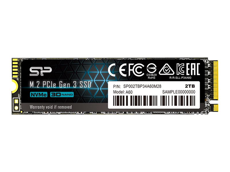 Silicon Power SSD - P34A60 - 2000 GB - Solid-state drive interface PCIe Gen3x4 - Read speed 2200 MB/s - Write speed 1600 MB/s