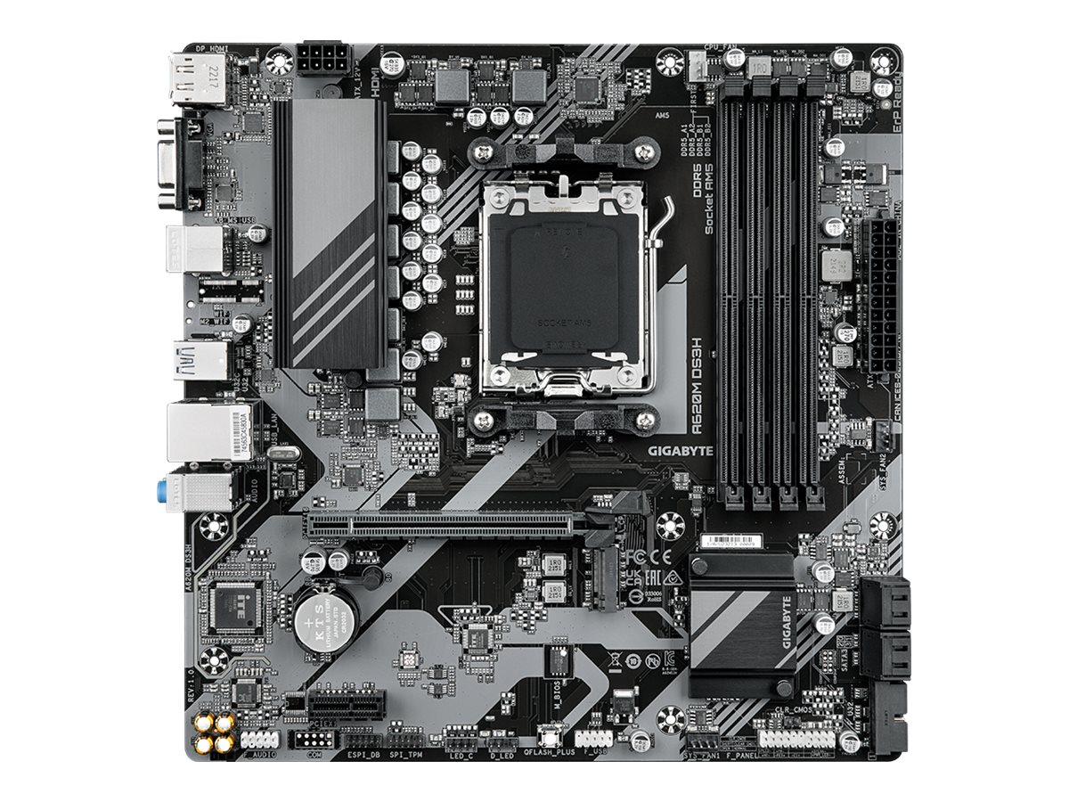 Gigabyte A620M DS3H - Processor family AMD - Processor socket AM5 - DDR5 - Supported hard disk drive interfaces M.2, SATA - Number of SATA connectors 4