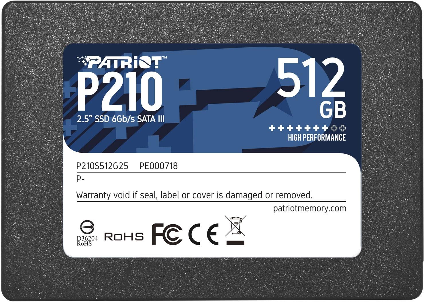 SSD|PATRIOT|P210| 512 GB|Serial ATA III|Write speed 400 MB/s|Read speed 500 MB/s|Hanging box|2.5"|P210S512G25