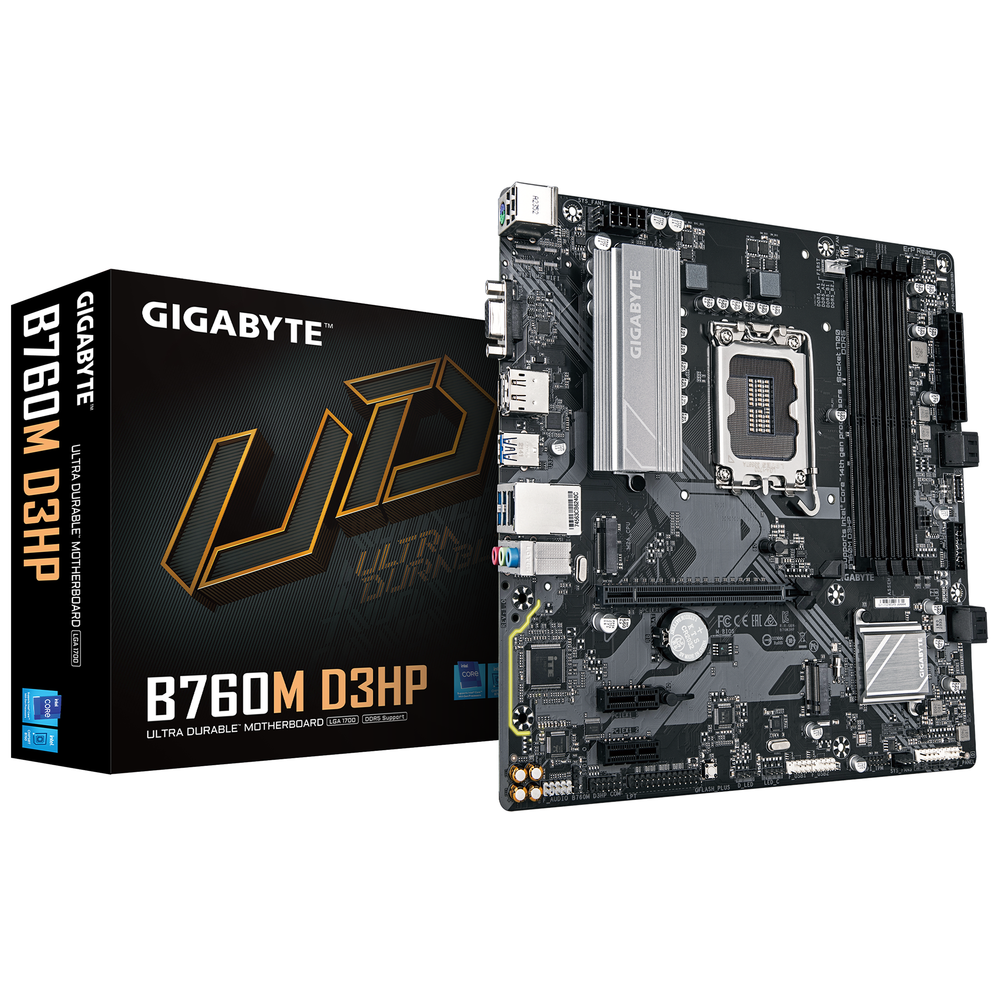 Gigabyte B760M D3HP - Processor family Intel - Processor socket LGA1700 - DDR5 - Supported hard disk drive interfaces M.2, SATA - Number of SATA connectors 4